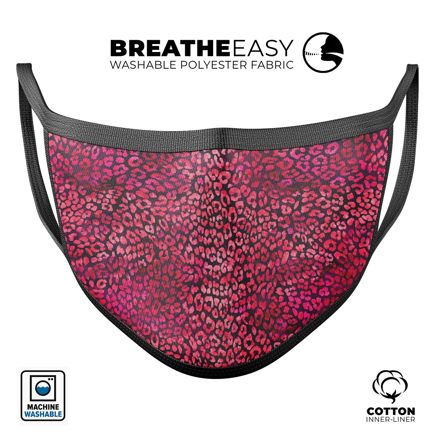 Red Watercolor Leopard Pattern mouth cover, showcasing a vibrant design with adjustable ear loops for a comfortable fit.