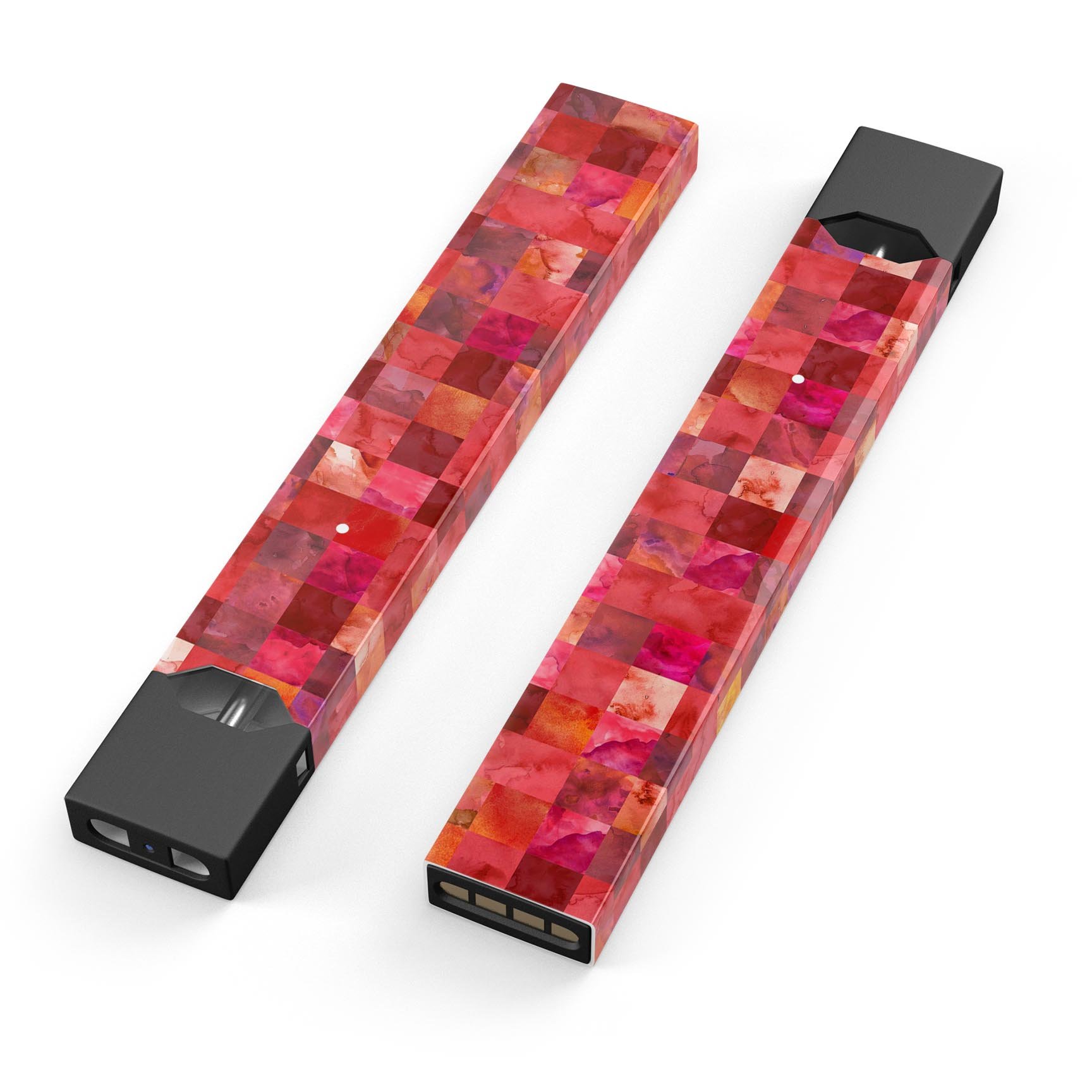 Red Watercolor Patchwork skin-wrap sticker designed for JUUL vaping device, showcasing vibrant colors and a unique patchwork design.