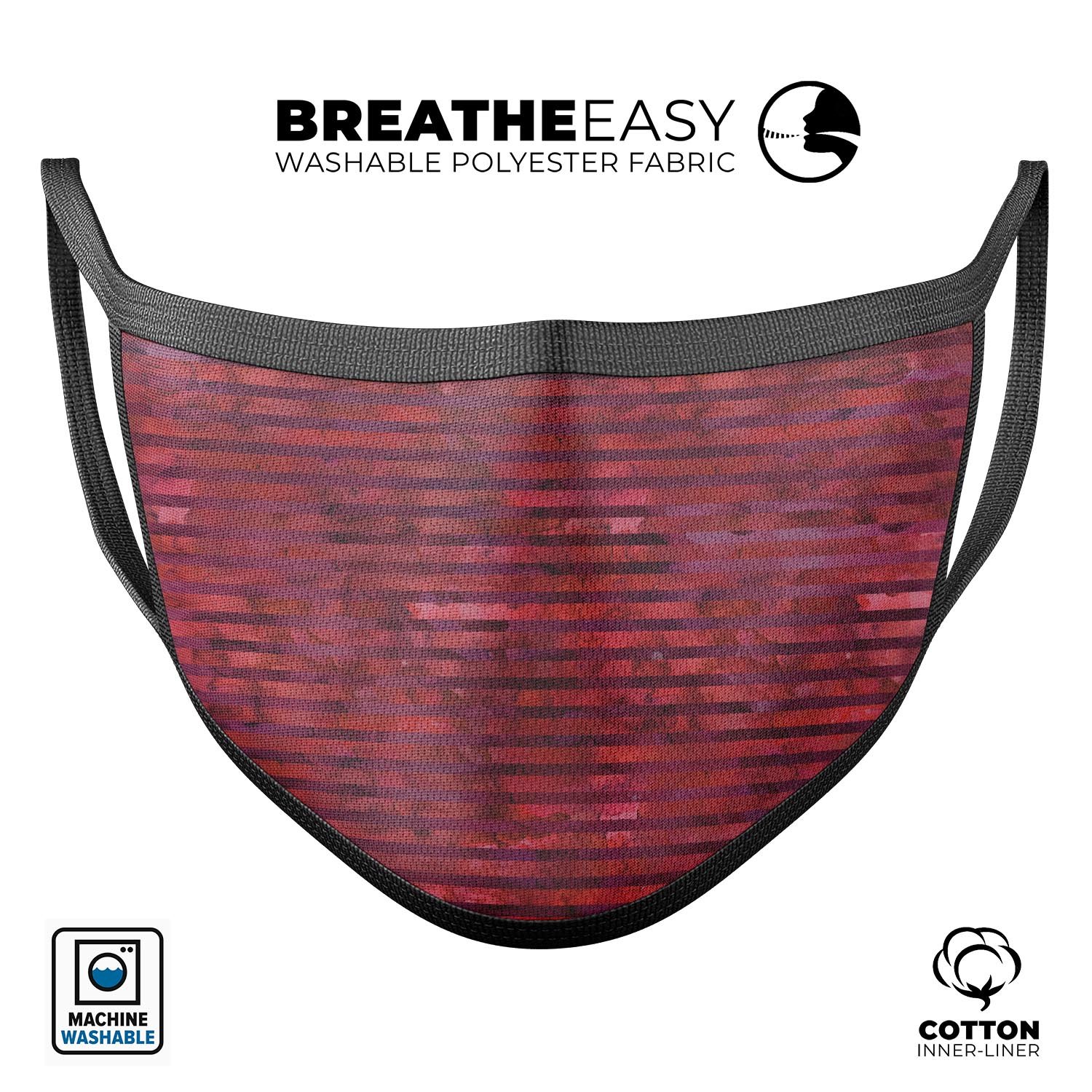 Red Watercolor Stripes mouth cover, unisex design, made in the USA, showcasing adjustable ear loops and soft cotton interior.