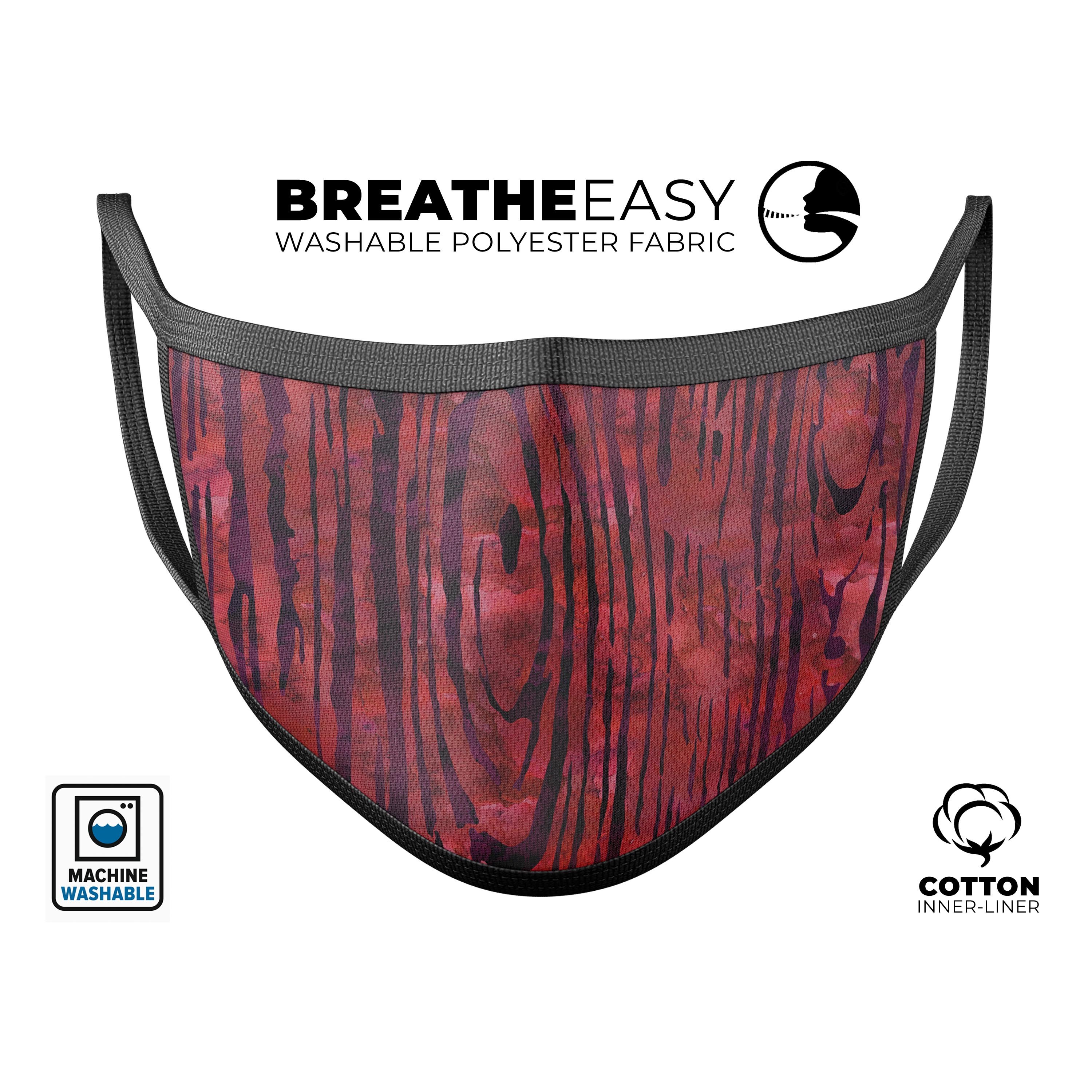 Red Watercolor Woodgrain mouth cover, featuring a unique design and adjustable ear loops for a comfortable fit.