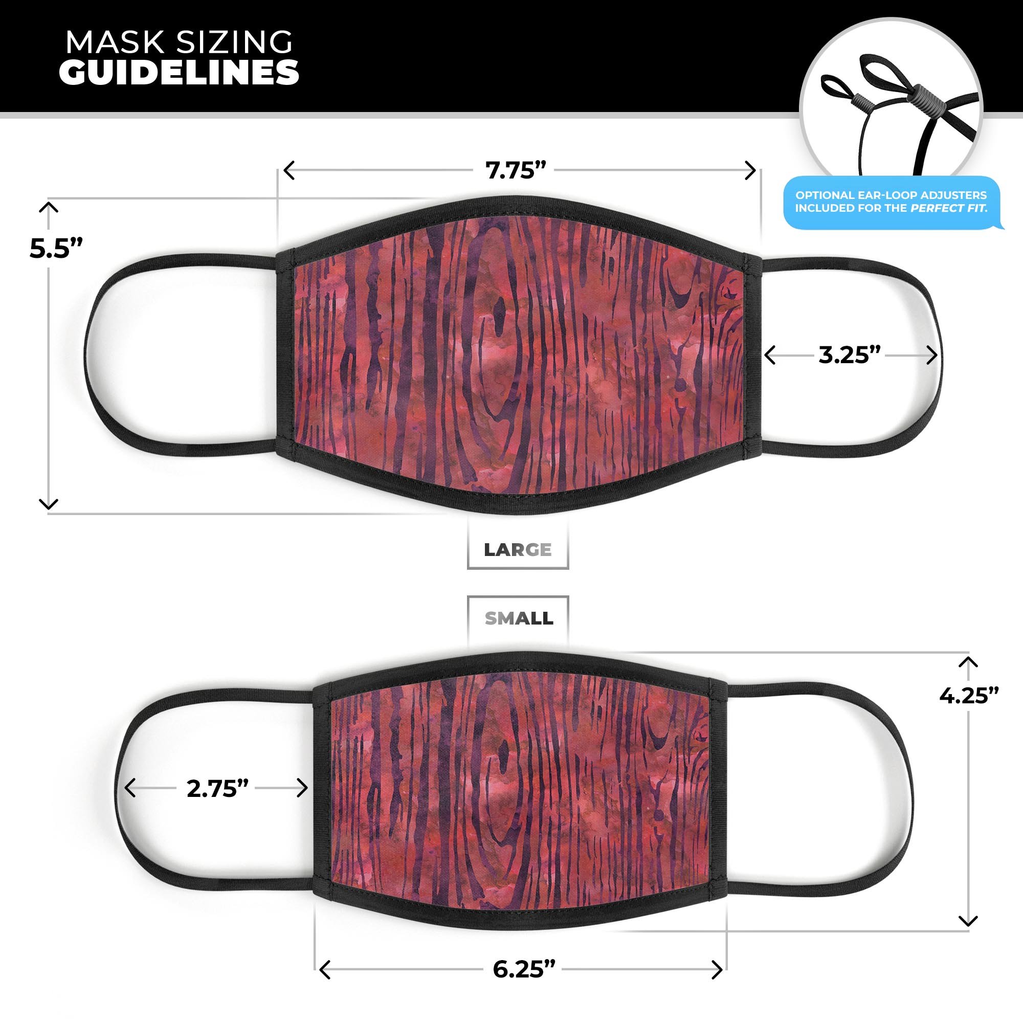 Red Watercolor Woodgrain mouth cover, featuring a unique design and adjustable ear loops for a comfortable fit.