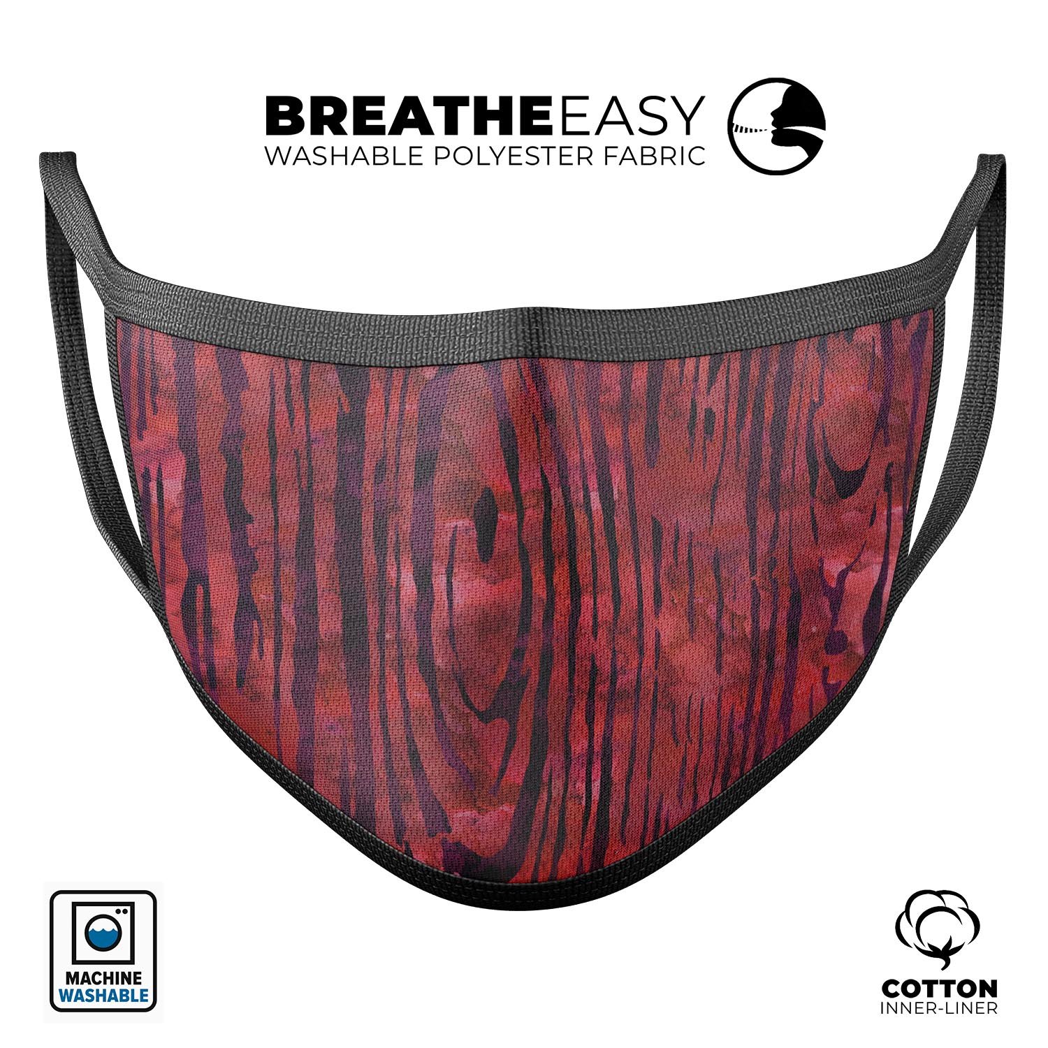 Red Watercolor Woodgrain mouth cover, featuring a unique design, adjustable ear loops, and made from soft cotton material.