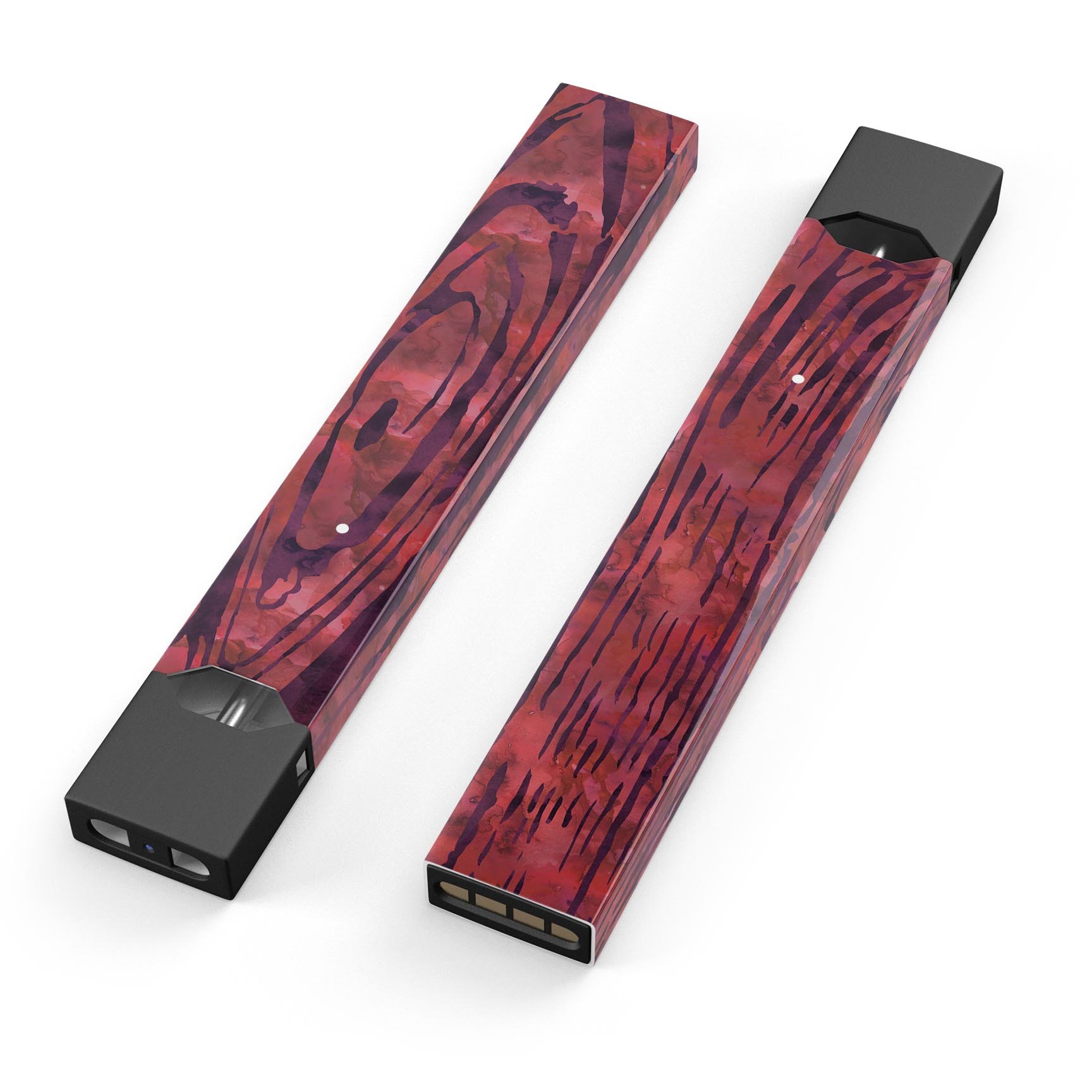 Red Watercolor Woodgrain skin-wrap sticker designed for JUUL vaping device, showcasing vibrant colors and a woodgrain pattern.