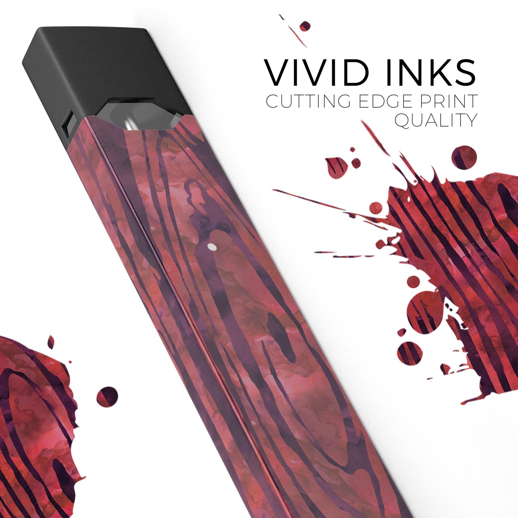 Red Watercolor Woodgrain skin-wrap sticker designed for JUUL vaping device, showcasing vibrant colors and a woodgrain pattern.