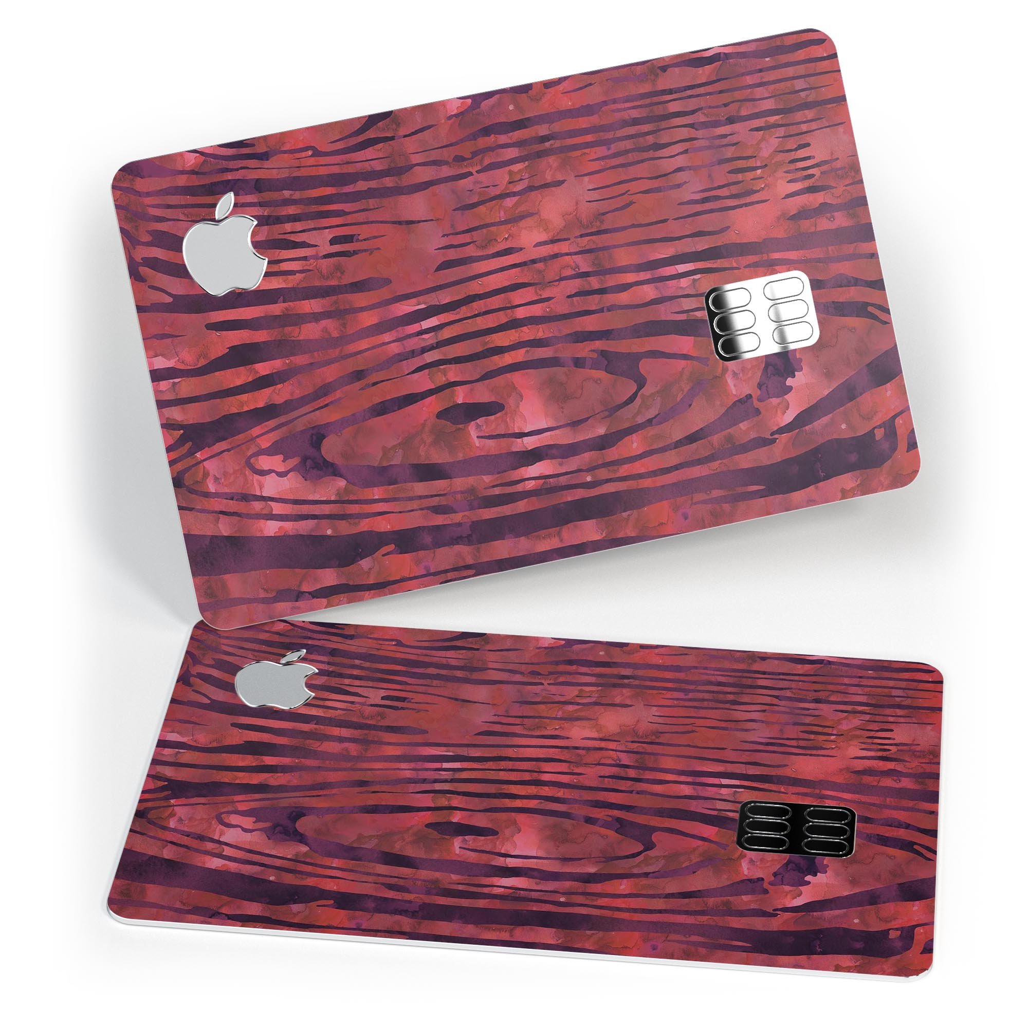 Red Watercolor Woodgrain decal skin-kit for Apple Card, showcasing vibrant colors and premium vinyl material.