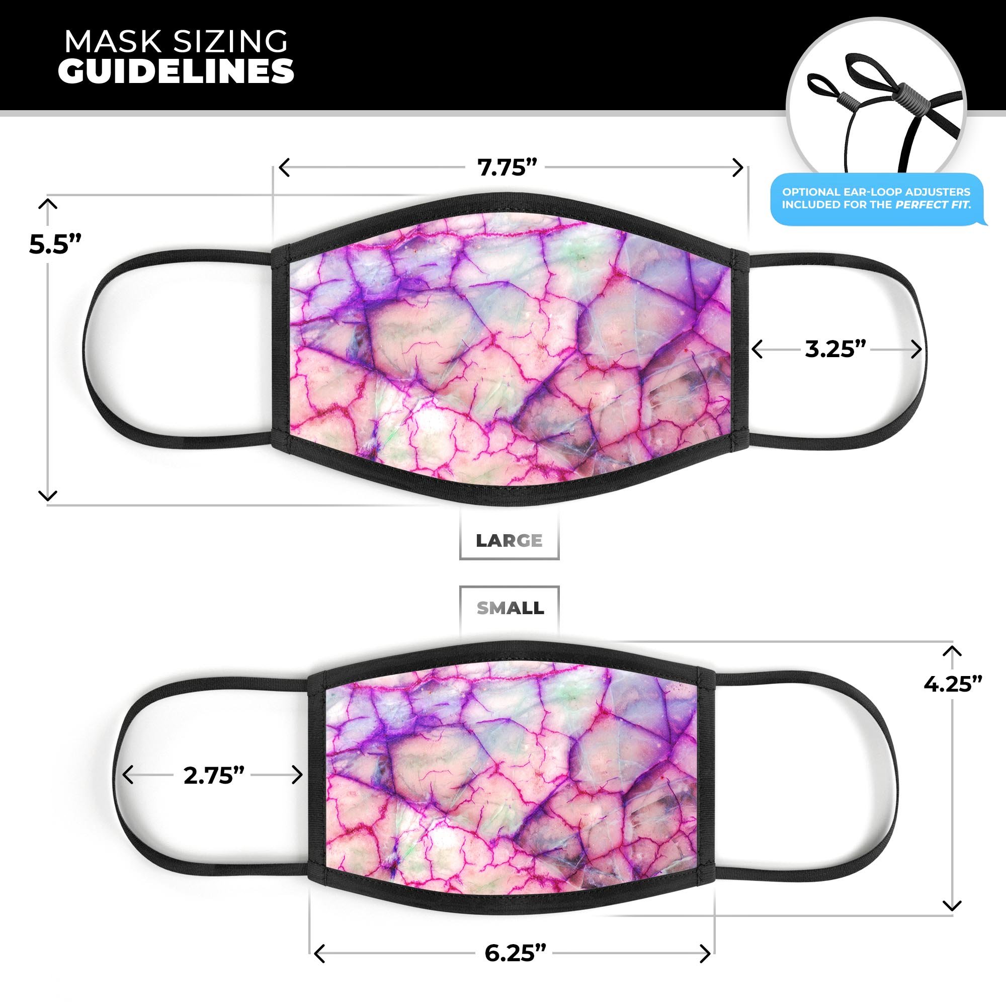 Red White Dragon Vein Agate Skin mouth cover, featuring vibrant dye-sublimated design, adjustable ear-loops, and soft cotton interior.