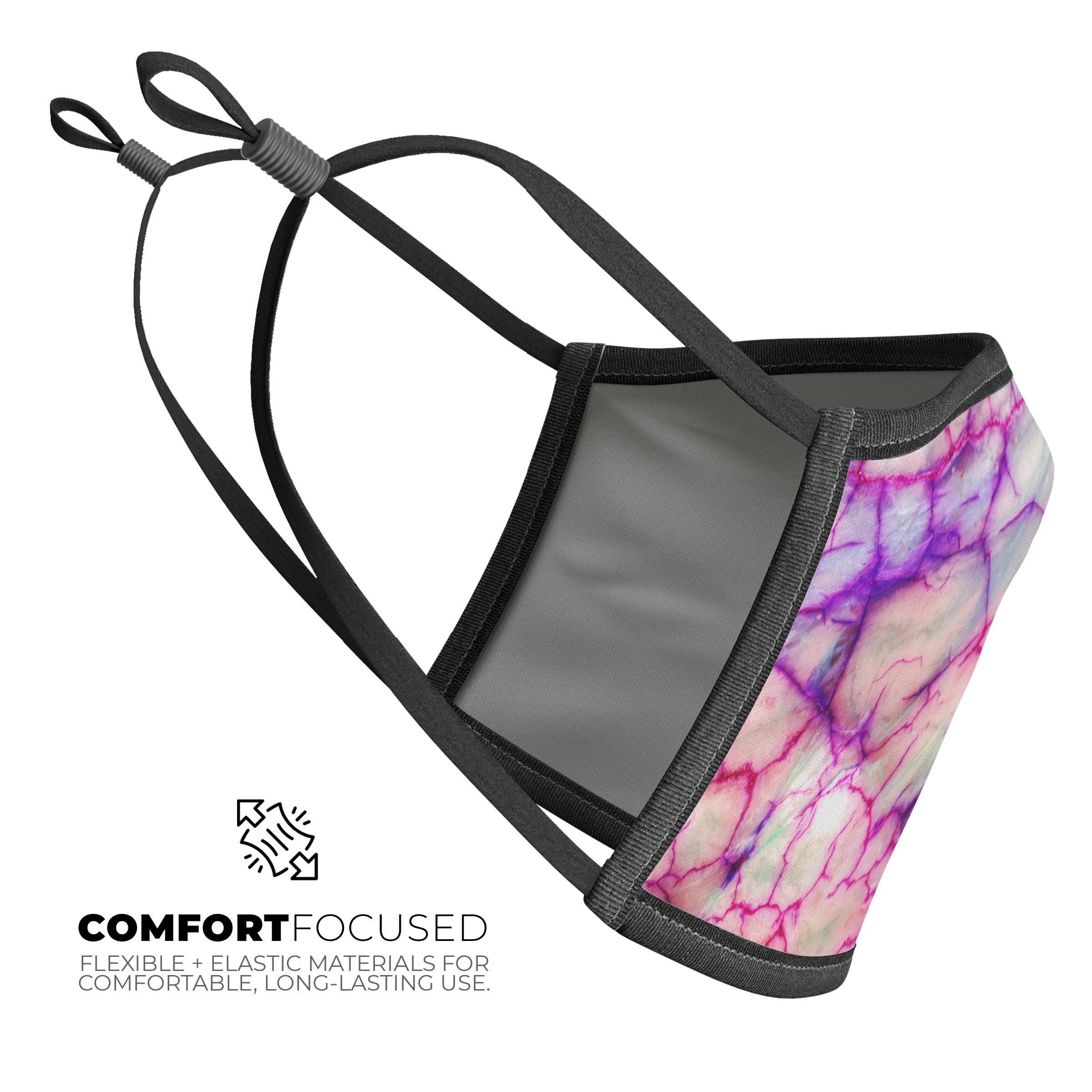 Red White Dragon Vein Agate Skin mouth cover, featuring vibrant dye-sublimated design, adjustable ear-loops, and soft cotton interior.