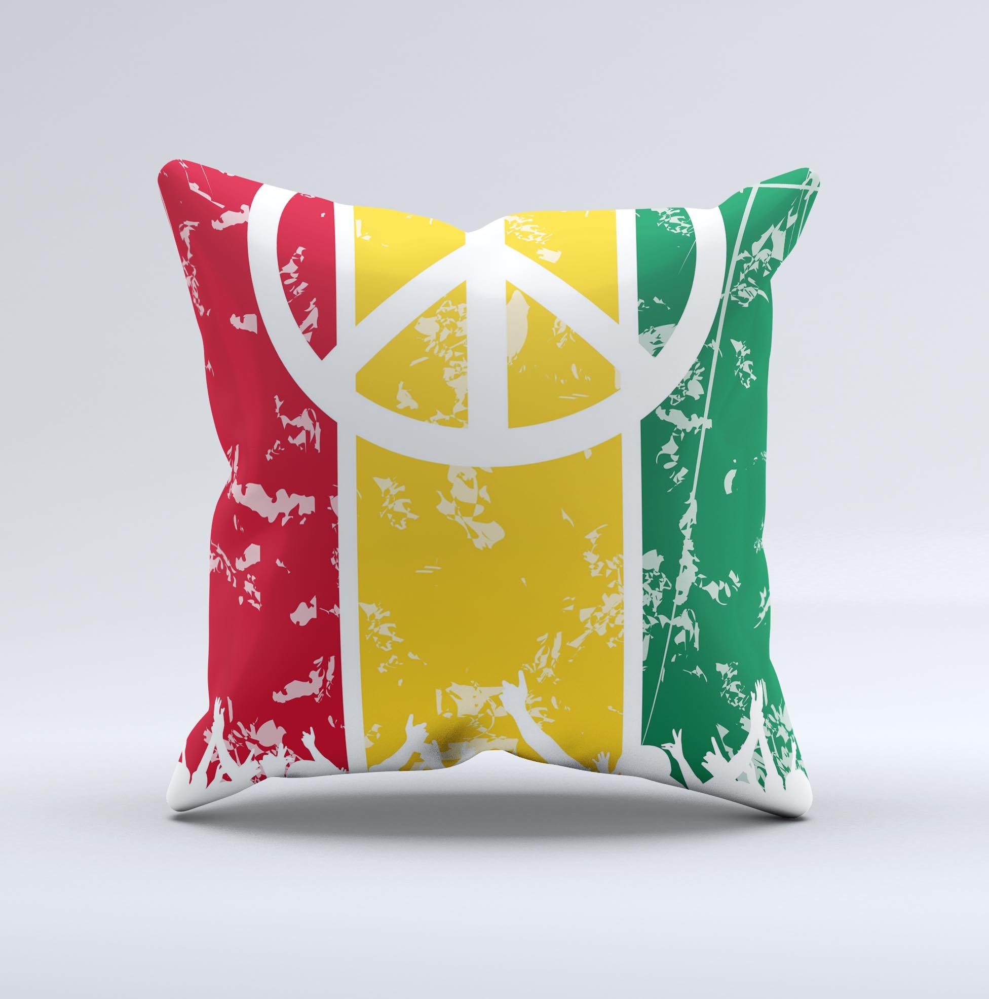 A vibrant Red, Yellow & Green Layered Peace Ink-Fuzed Decorative Throw Pillow showcasing a unique handcrafted design, perfect for home decor.