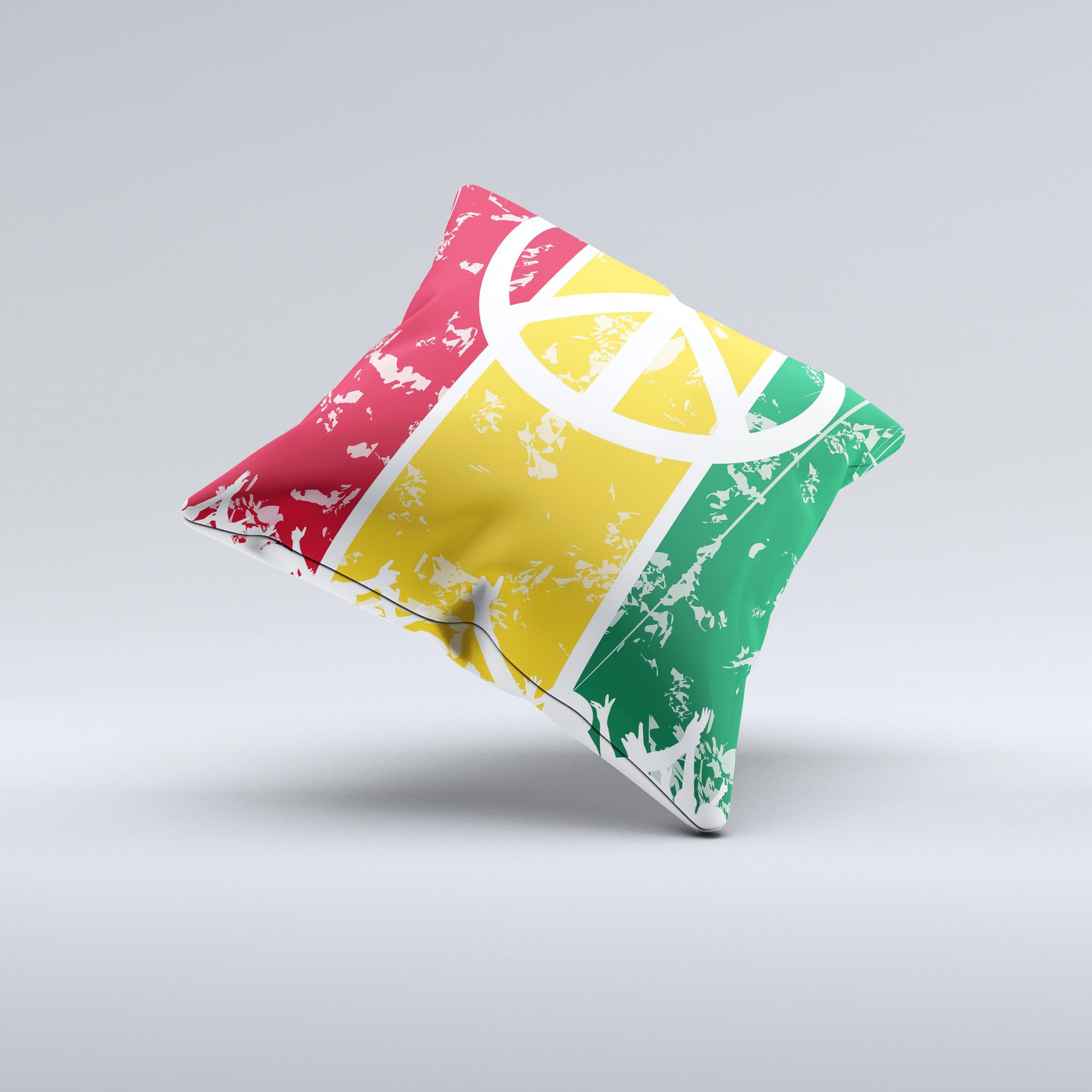 A vibrant Red, Yellow & Green Layered Peace Ink-Fuzed Decorative Throw Pillow showcasing a unique handcrafted design, perfect for home decor.