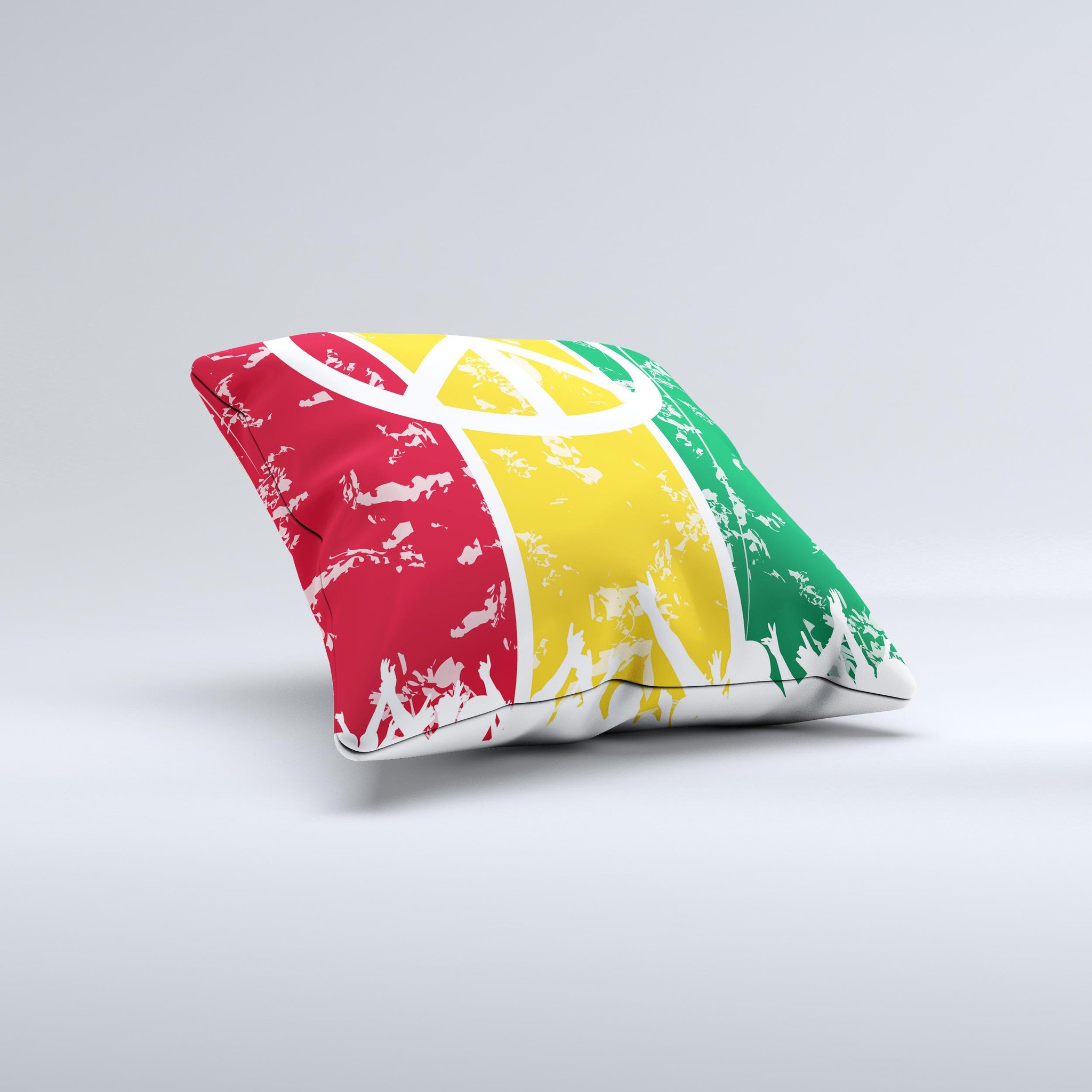 A vibrant Red, Yellow & Green Layered Peace Ink-Fuzed Decorative Throw Pillow showcasing a unique handcrafted design, perfect for home decor.