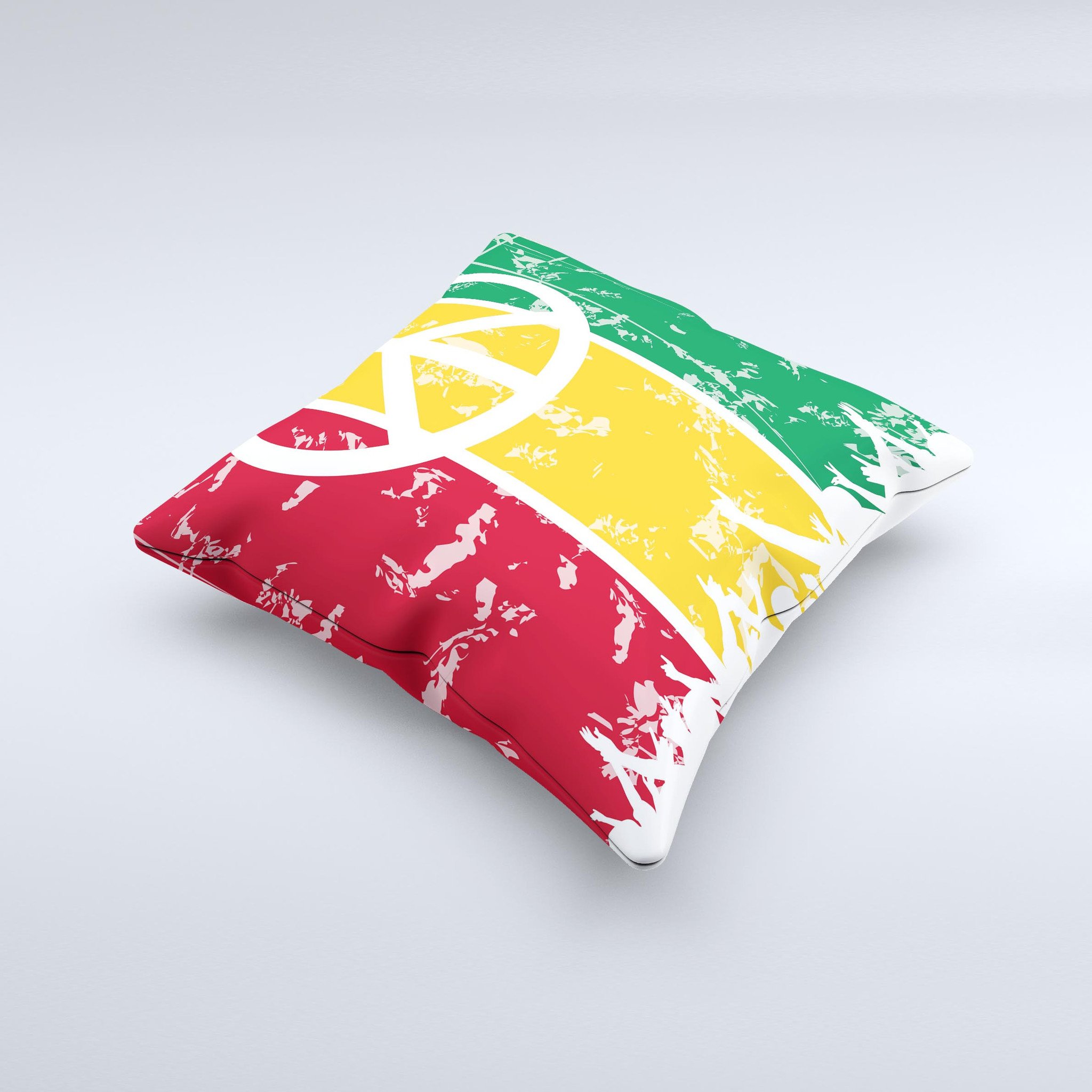 A vibrant Red, Yellow & Green Layered Peace Ink-Fuzed Decorative Throw Pillow showcasing a unique handcrafted design, perfect for home decor.