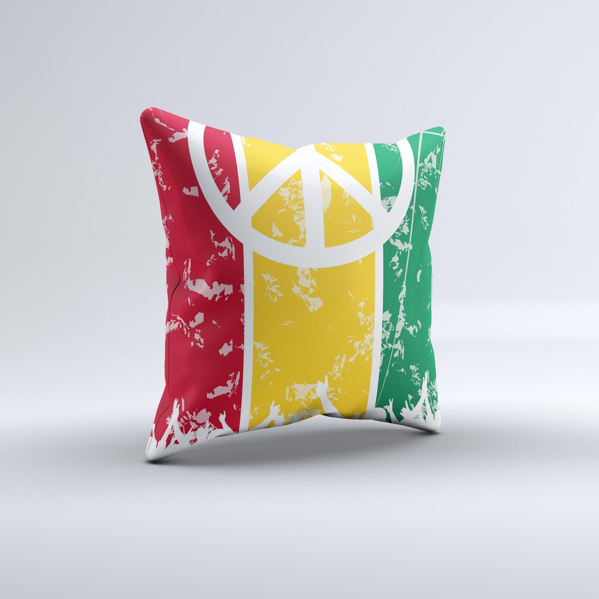 A vibrant Red, Yellow & Green Layered Peace Ink-Fuzed Decorative Throw Pillow showcasing a unique handcrafted design, perfect for home decor.