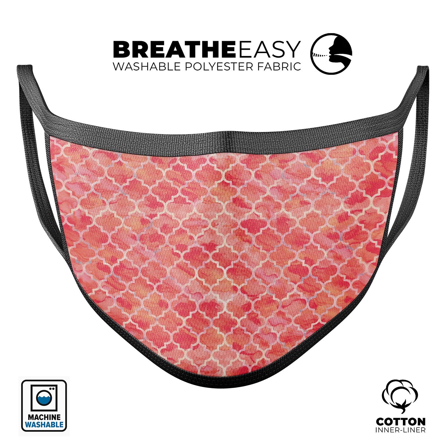 Red-Orange Watercolor Quatrefoil face mask, showcasing vibrant colors and a unique quatrefoil pattern, made from soft cotton and memory foam.