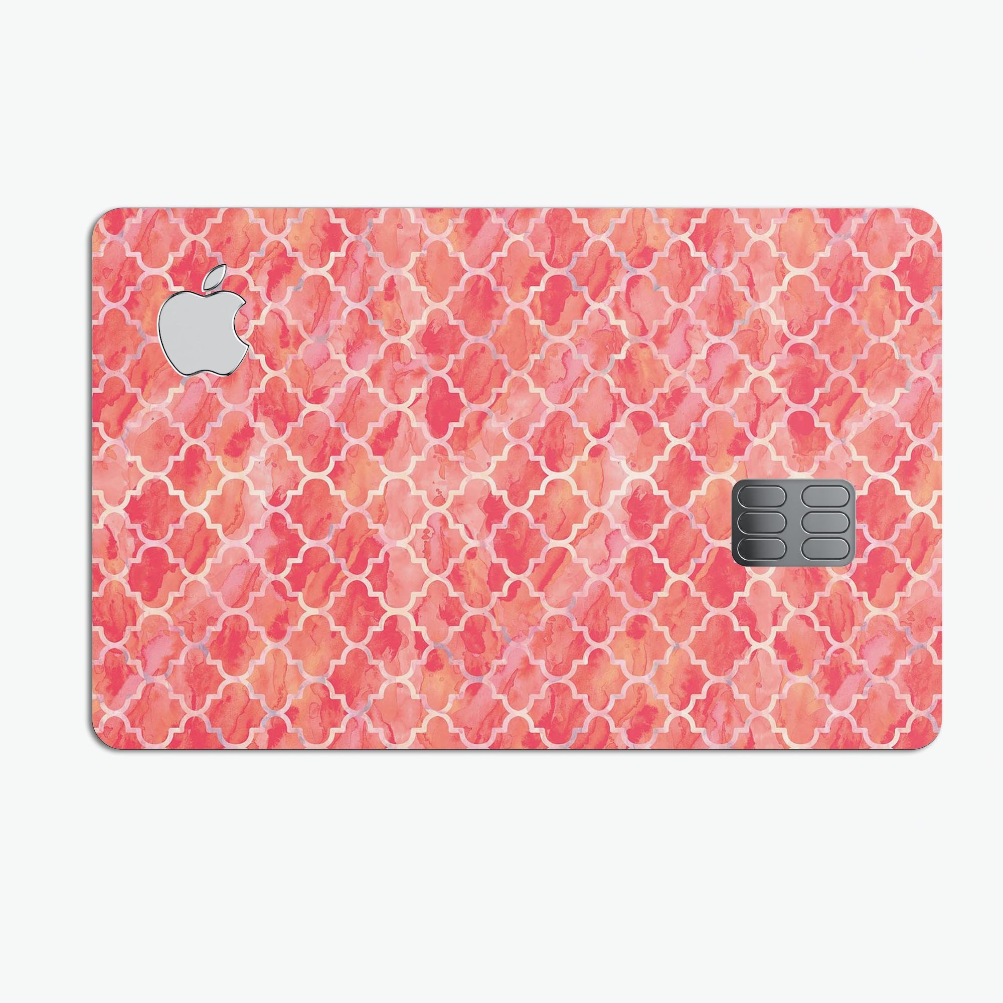 Red-Orange Watercolor Quatrefoil skin decal for Apple Card, showcasing vibrant colors and a stylish design.