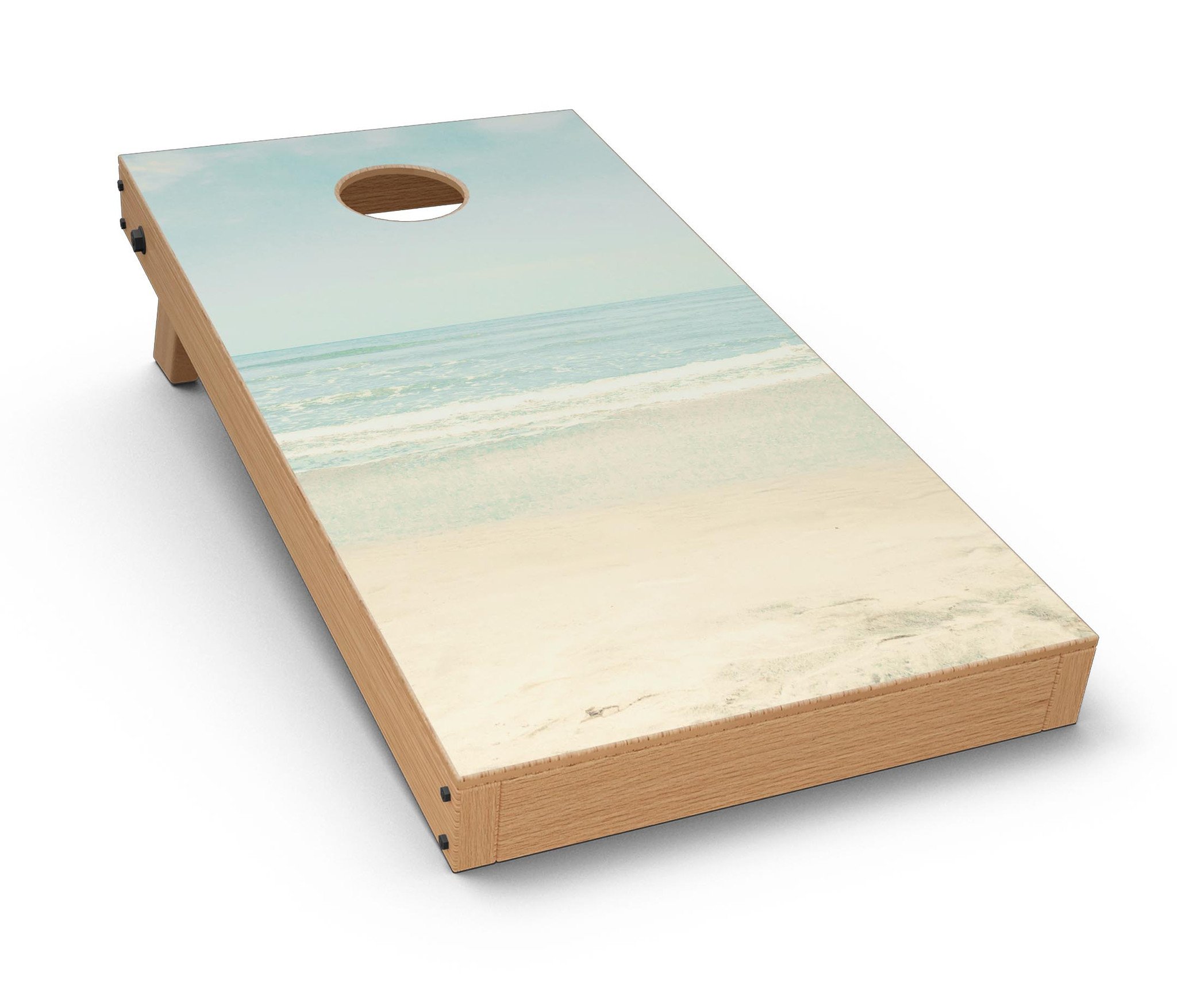 Relaxed Beach CornHole Board Skin Decal Kit featuring vibrant beach-themed designs, perfect for customizing Cornhole boards.