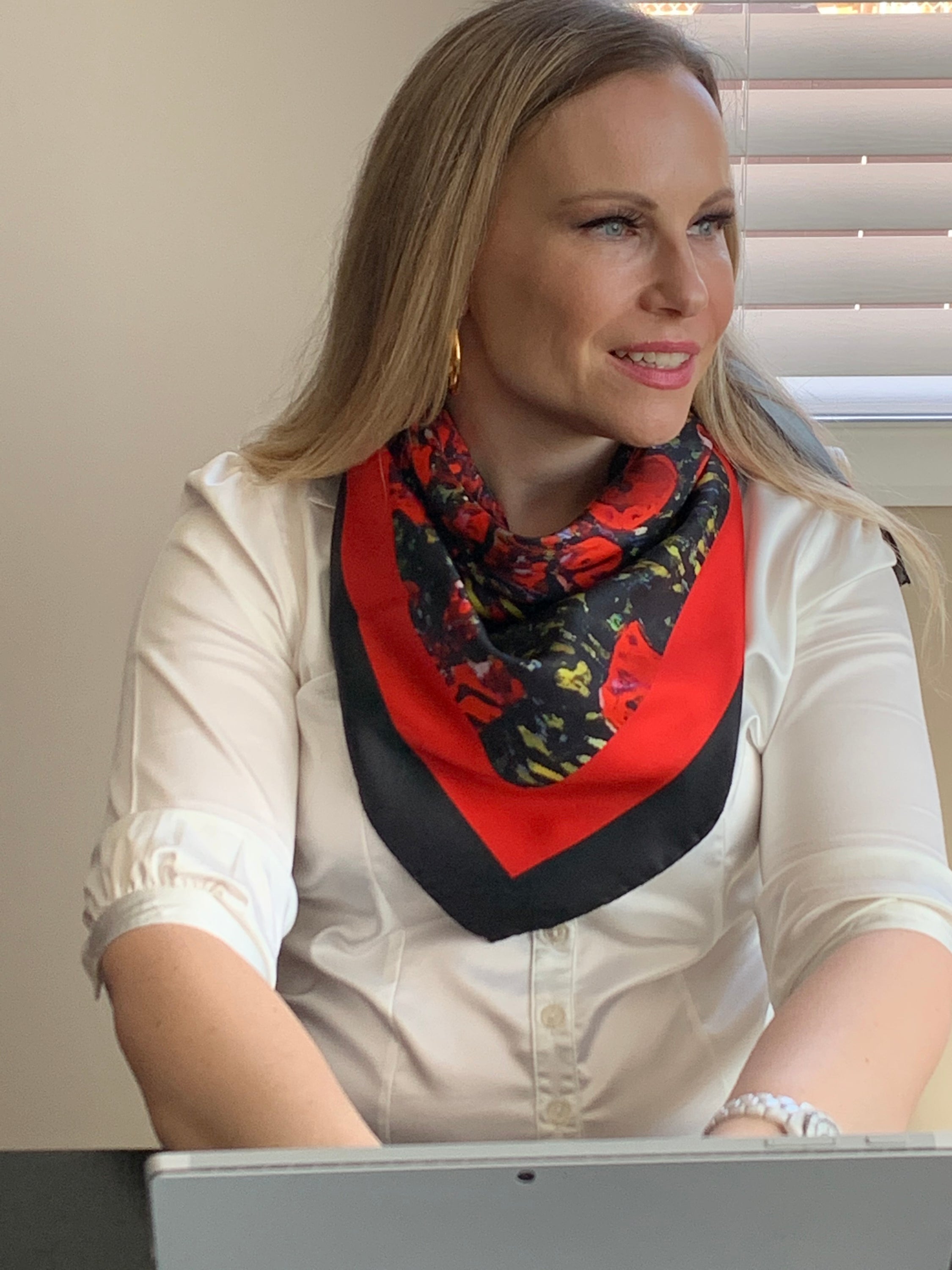 Elegant Remember The Fallen Ladies Scarf made of 100% Italian silk, featuring a tribute design honoring Armed Forces sacrifices.