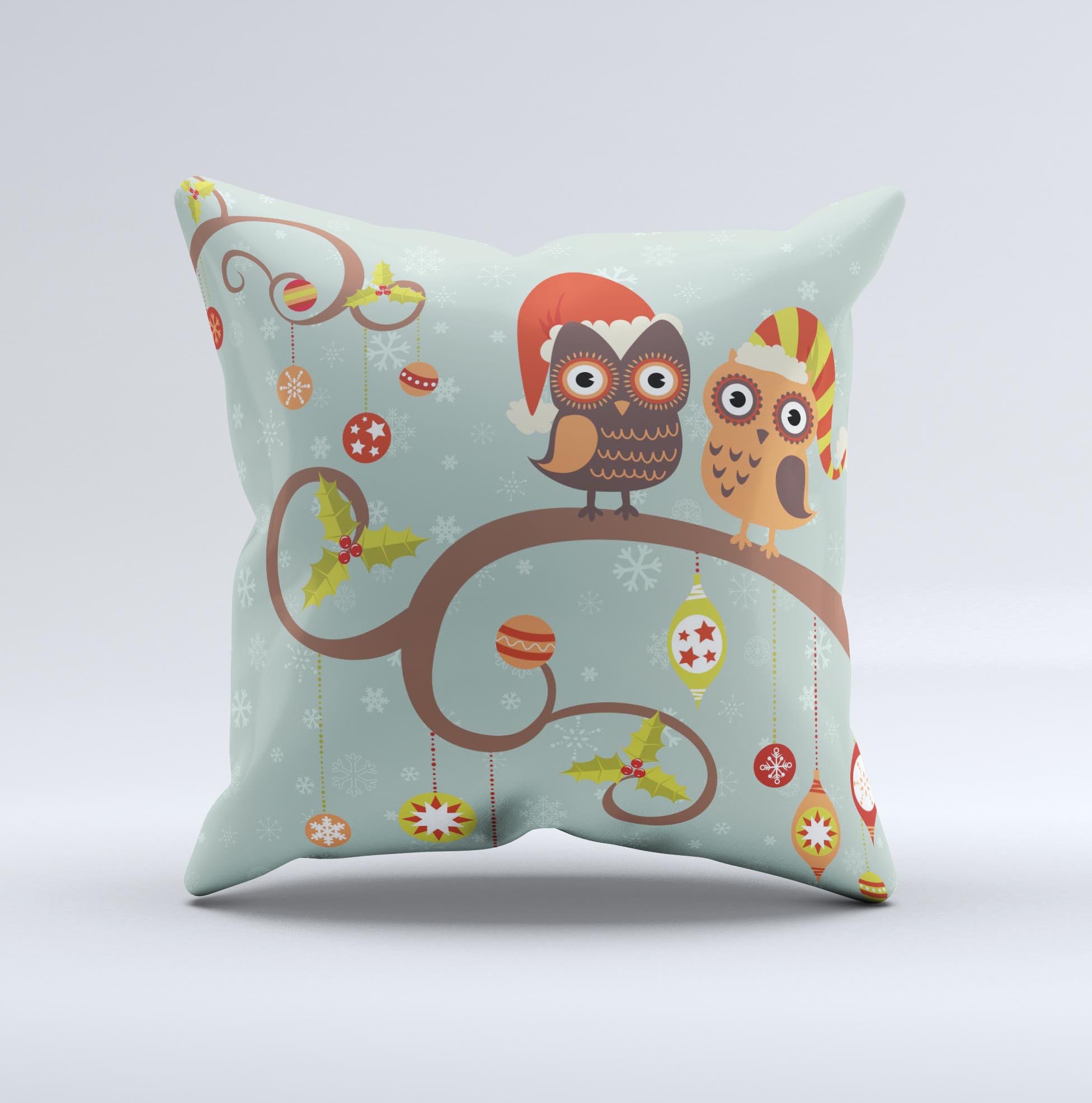 A decorative throw pillow featuring retro Christmas owls adorned with colorful ornaments, showcasing a unique hand-crafted design.