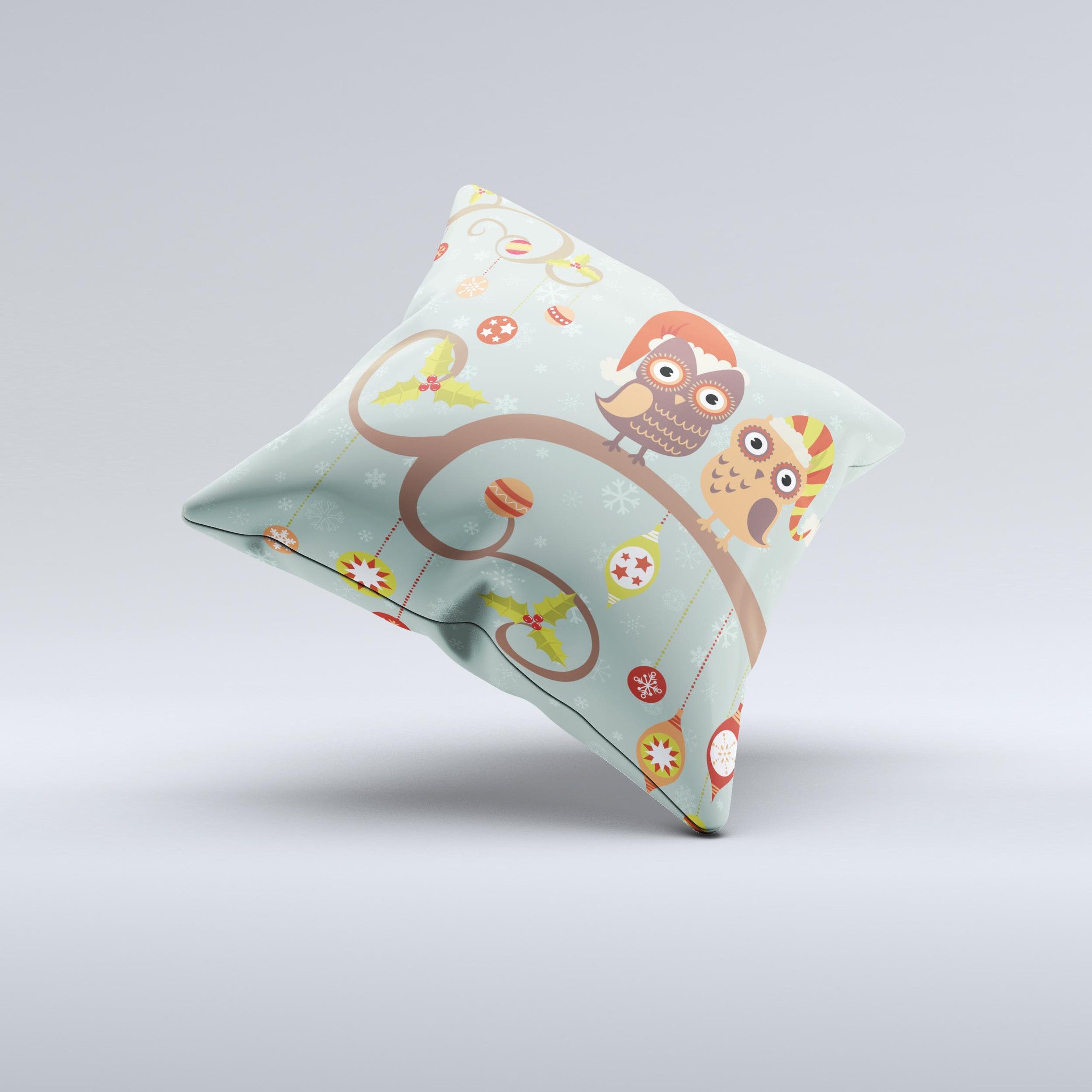 A decorative throw pillow featuring retro Christmas owls adorned with colorful ornaments, showcasing a unique hand-crafted design.