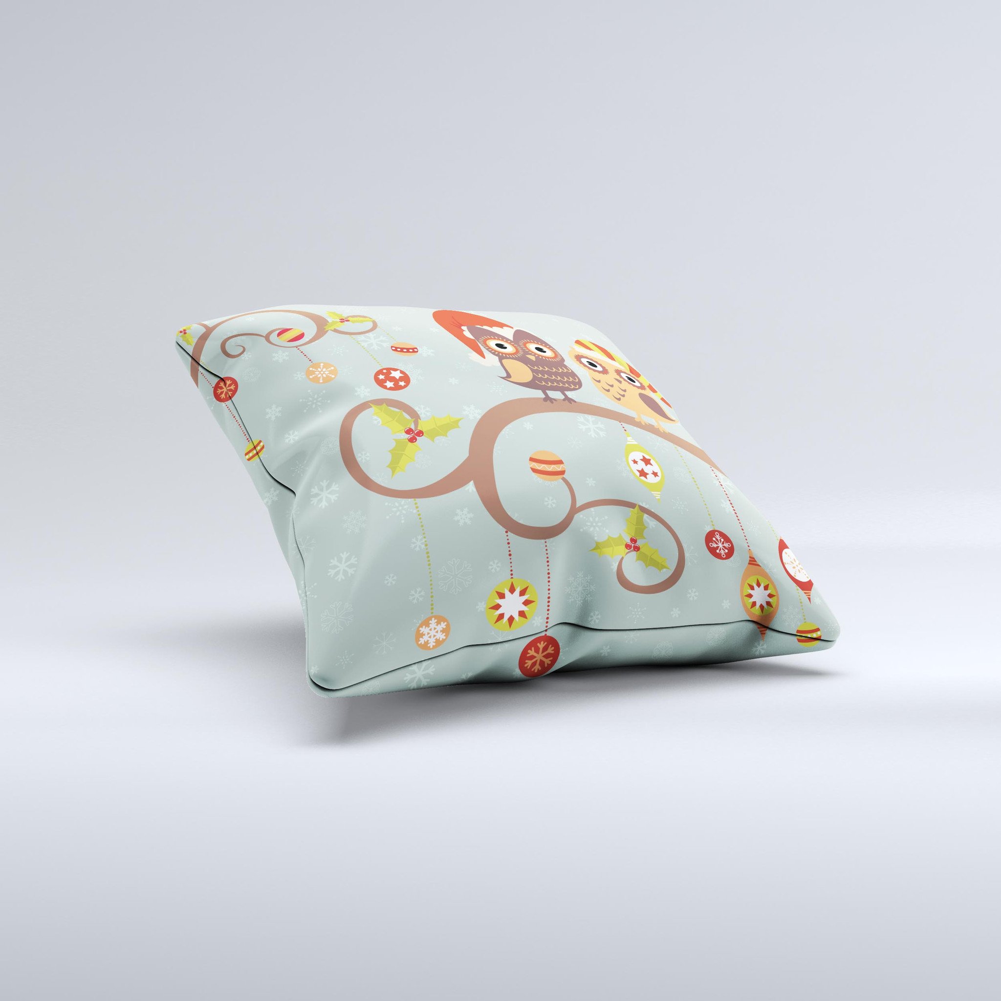 A decorative throw pillow featuring retro Christmas owls adorned with colorful ornaments, showcasing a unique hand-crafted design.