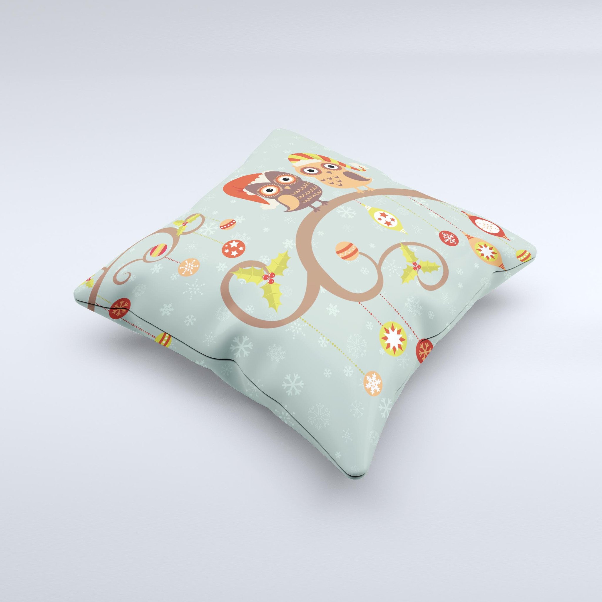 A decorative throw pillow featuring retro Christmas owls adorned with colorful ornaments, showcasing a unique hand-crafted design.