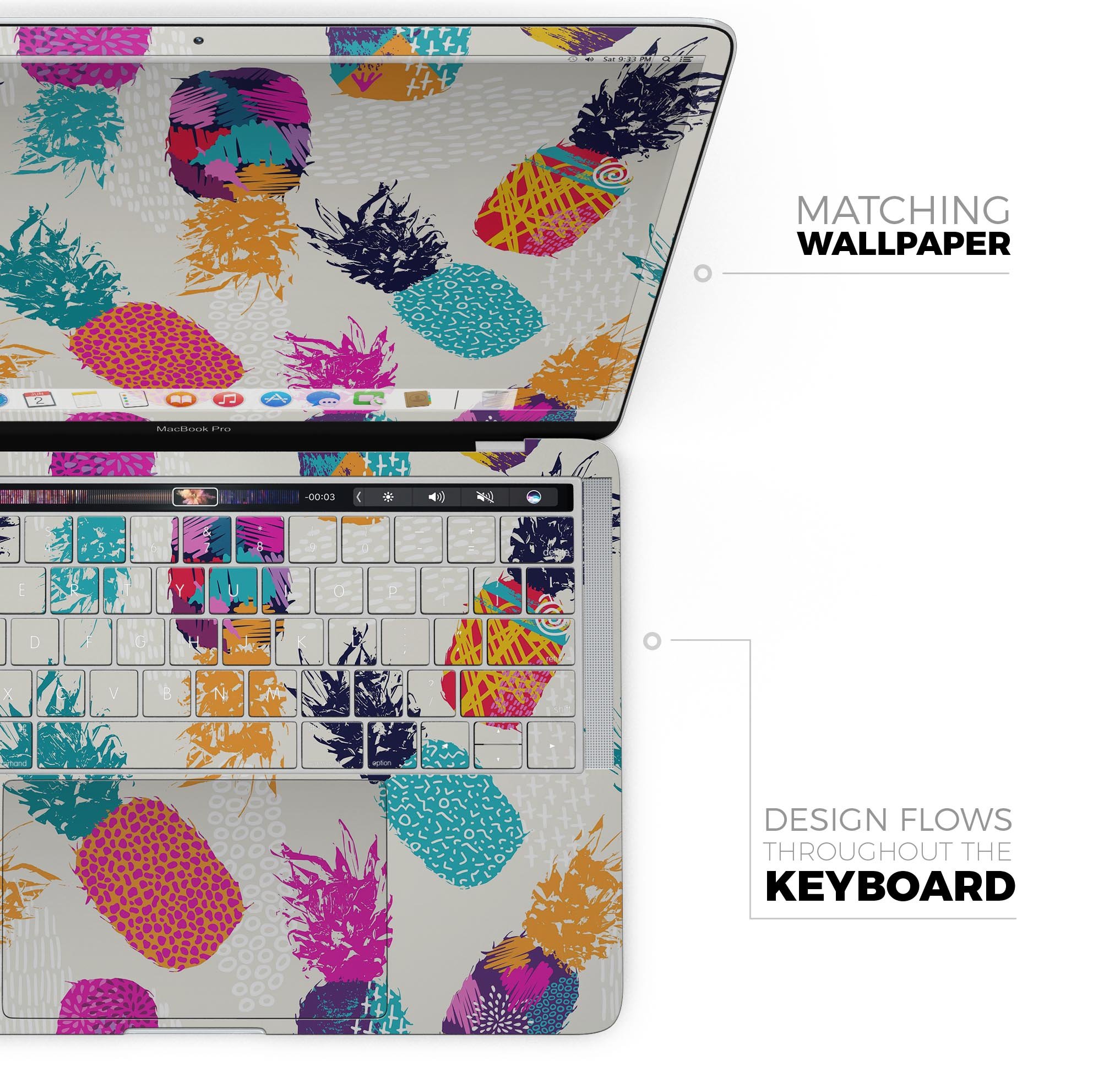 Retro Summer Pineapple skin decal wrap kit for MacBook, featuring vibrant pineapple design and premium vinyl material.