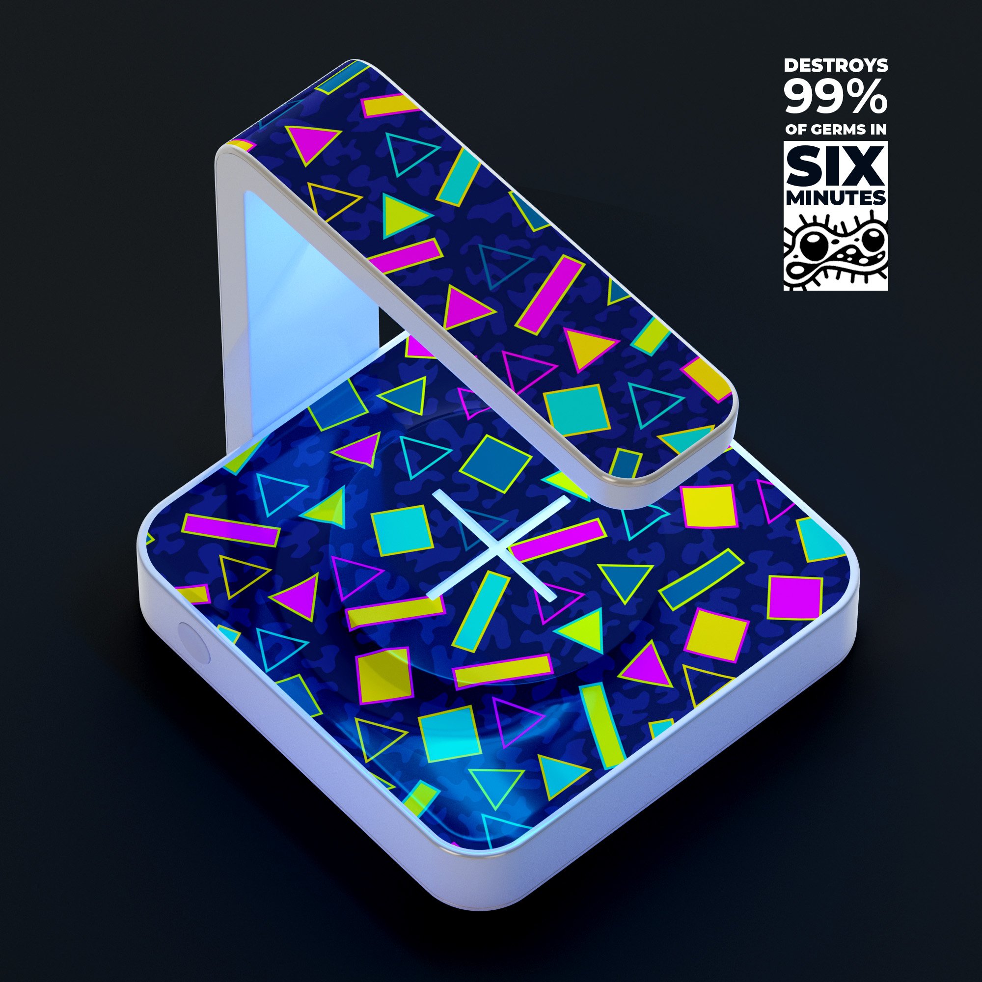 Retro Wiggle Shapes UV Germicidal Sanitizing Wireless Charger with decorative skin, USB cable, and phone sterilizing features.