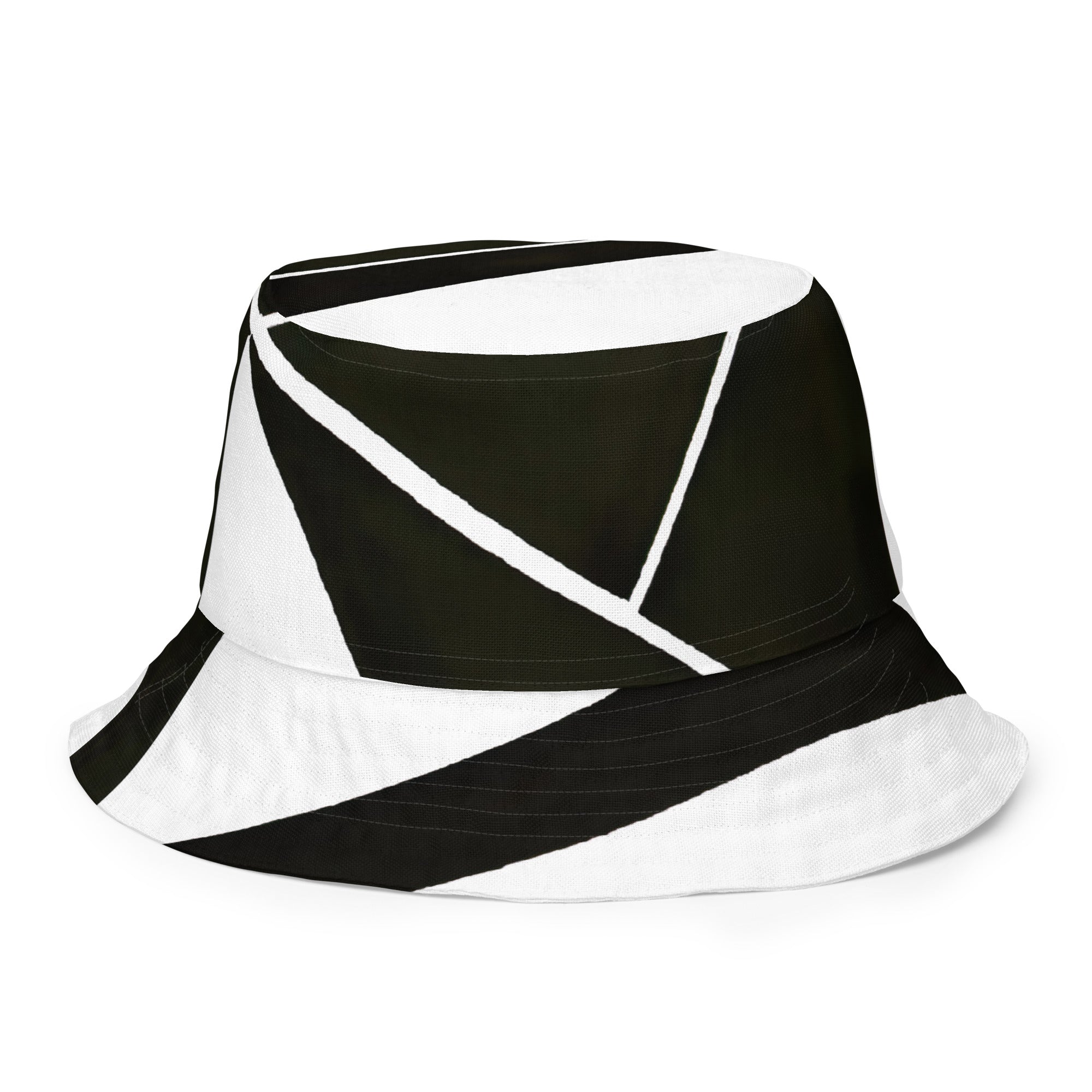 Reversible bucket hat featuring a black and white geometric pattern, showcasing its stylish design and breathable fabric.
