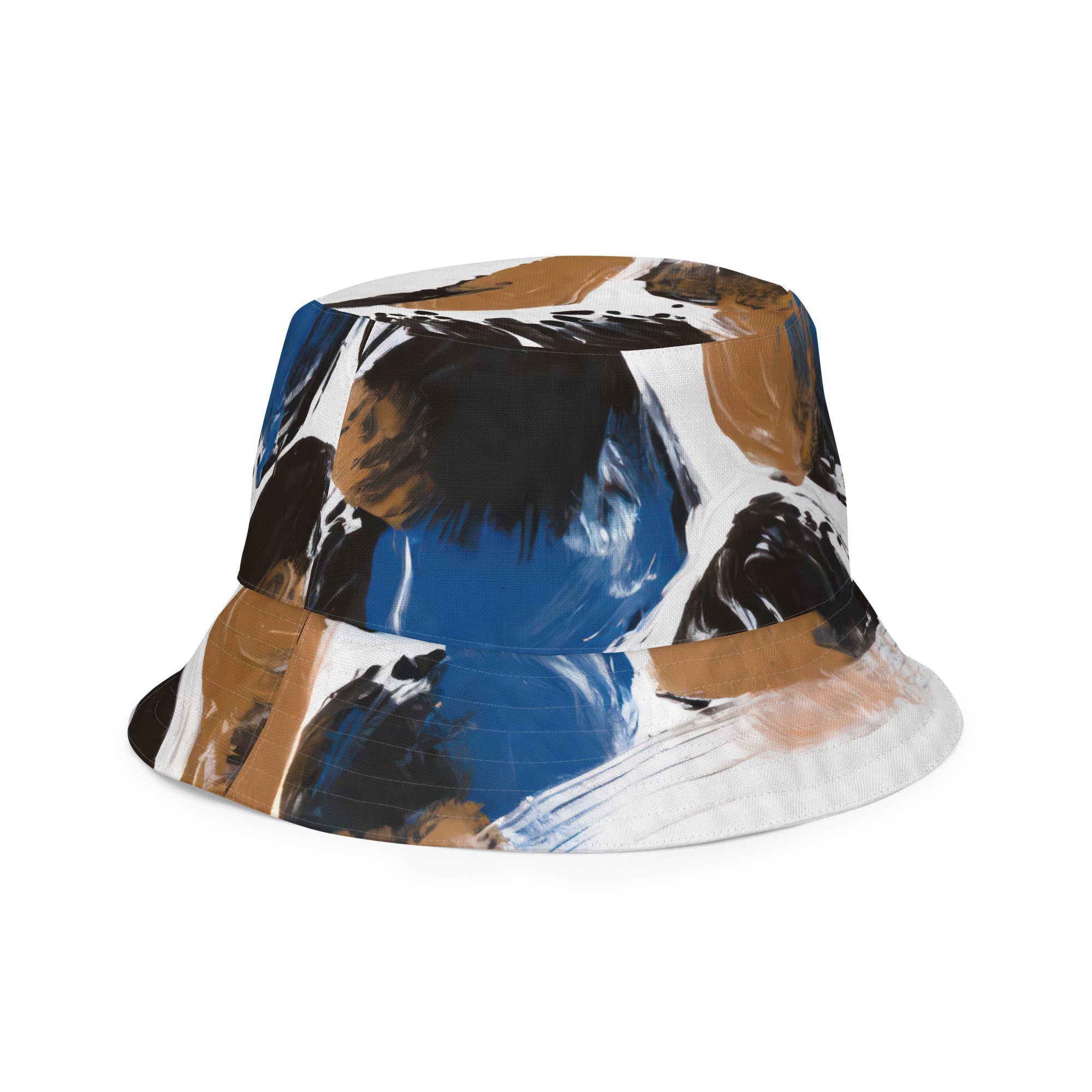 Reversible bucket hat featuring a blue and brown spotted pattern, showcasing both sides of the design.