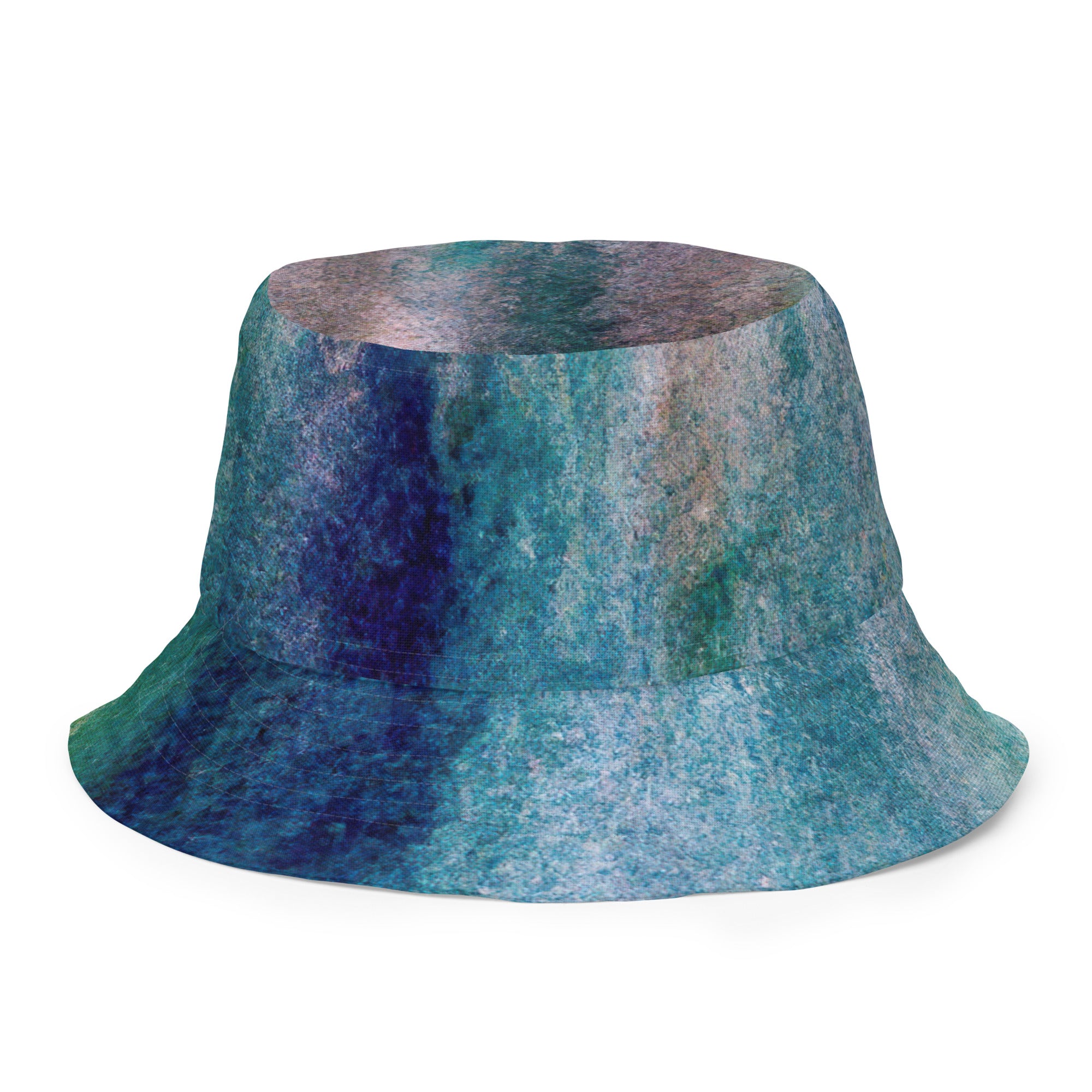 Reversible bucket hat featuring a blue hue watercolor abstract print, showcasing its stylish design and breathable fabric.