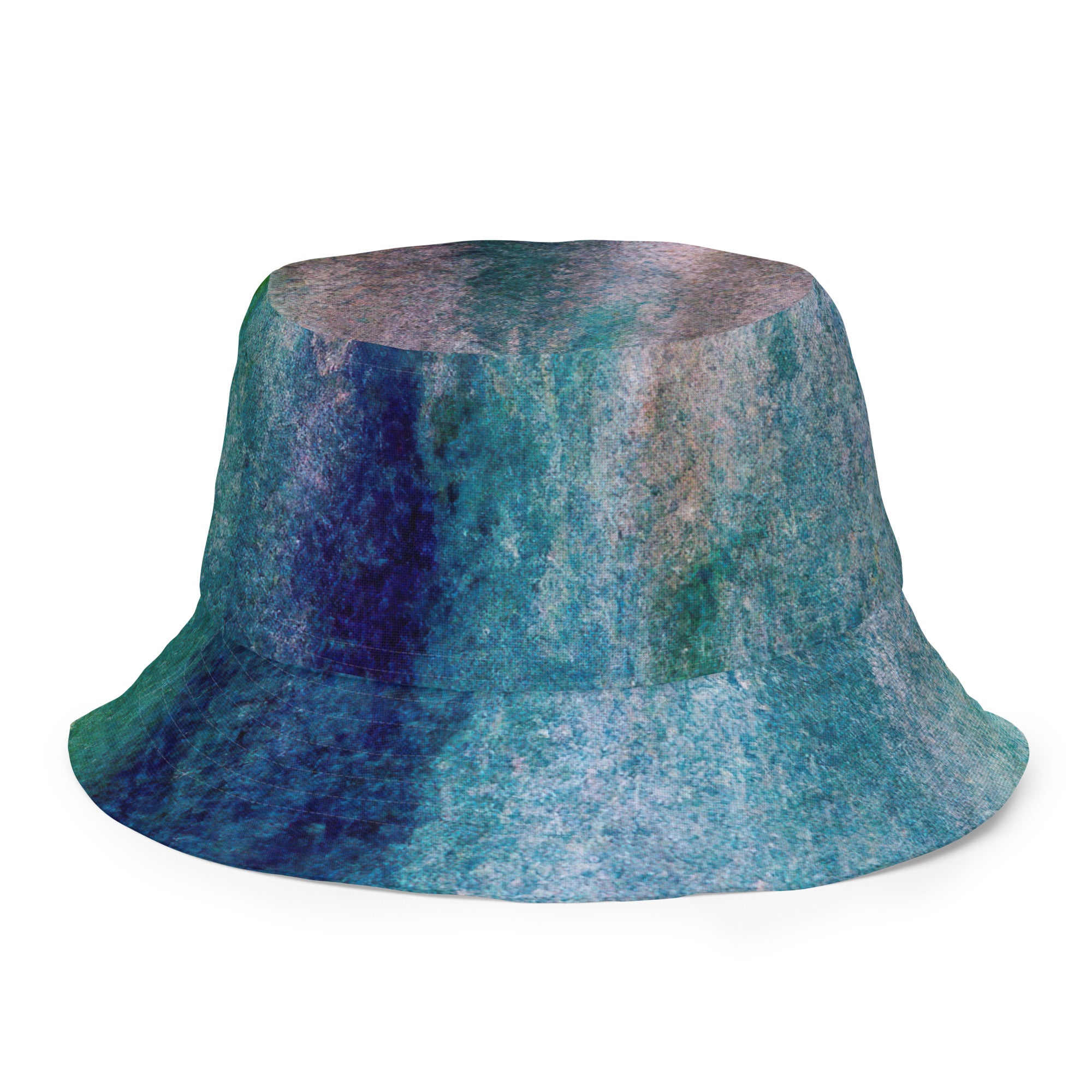 Reversible bucket hat featuring a blue hue watercolor abstract print, showcasing its stylish design and breathable fabric.