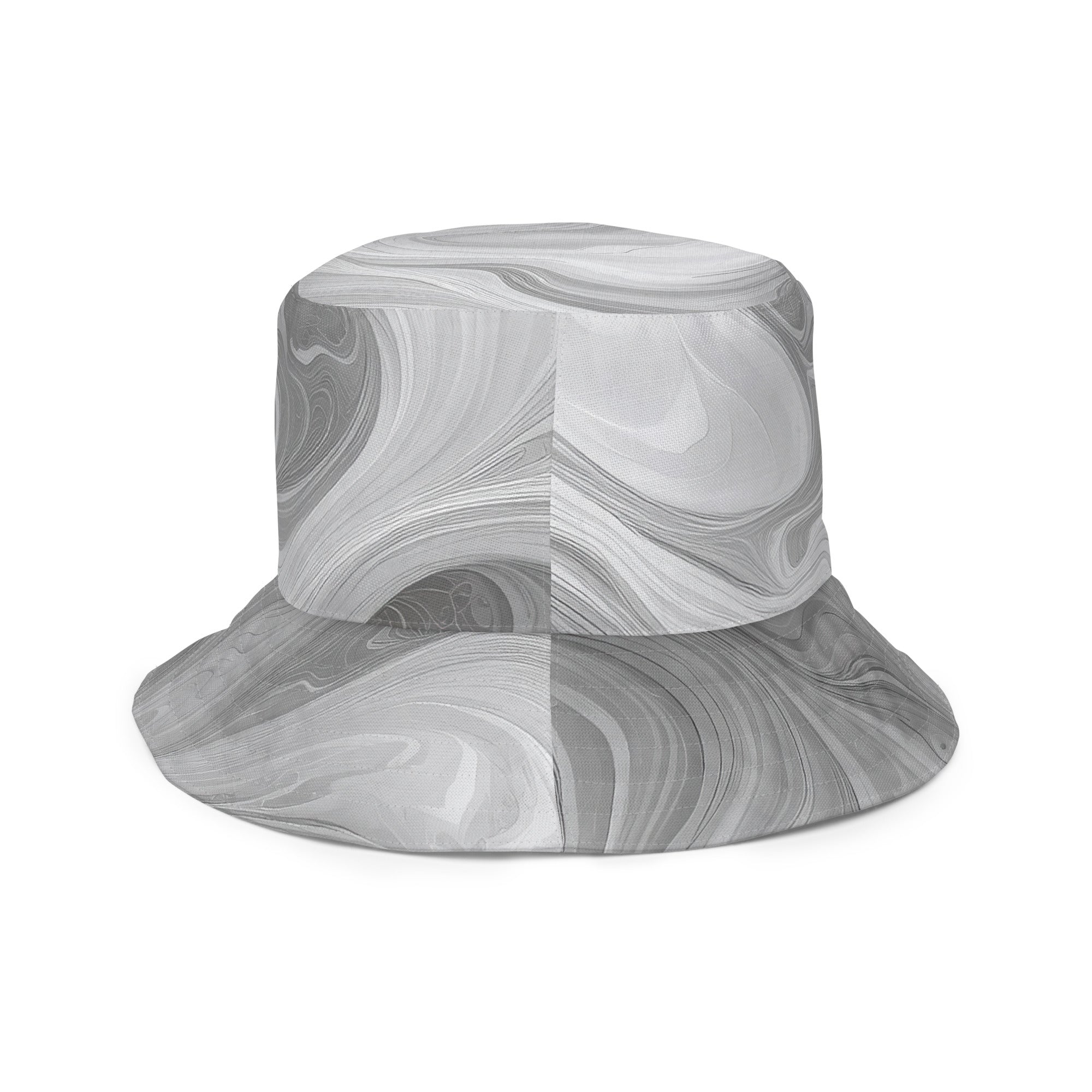 Reversible bucket hat featuring a stylish Boho marble pattern in white and grey, perfect for sun protection and fashion.