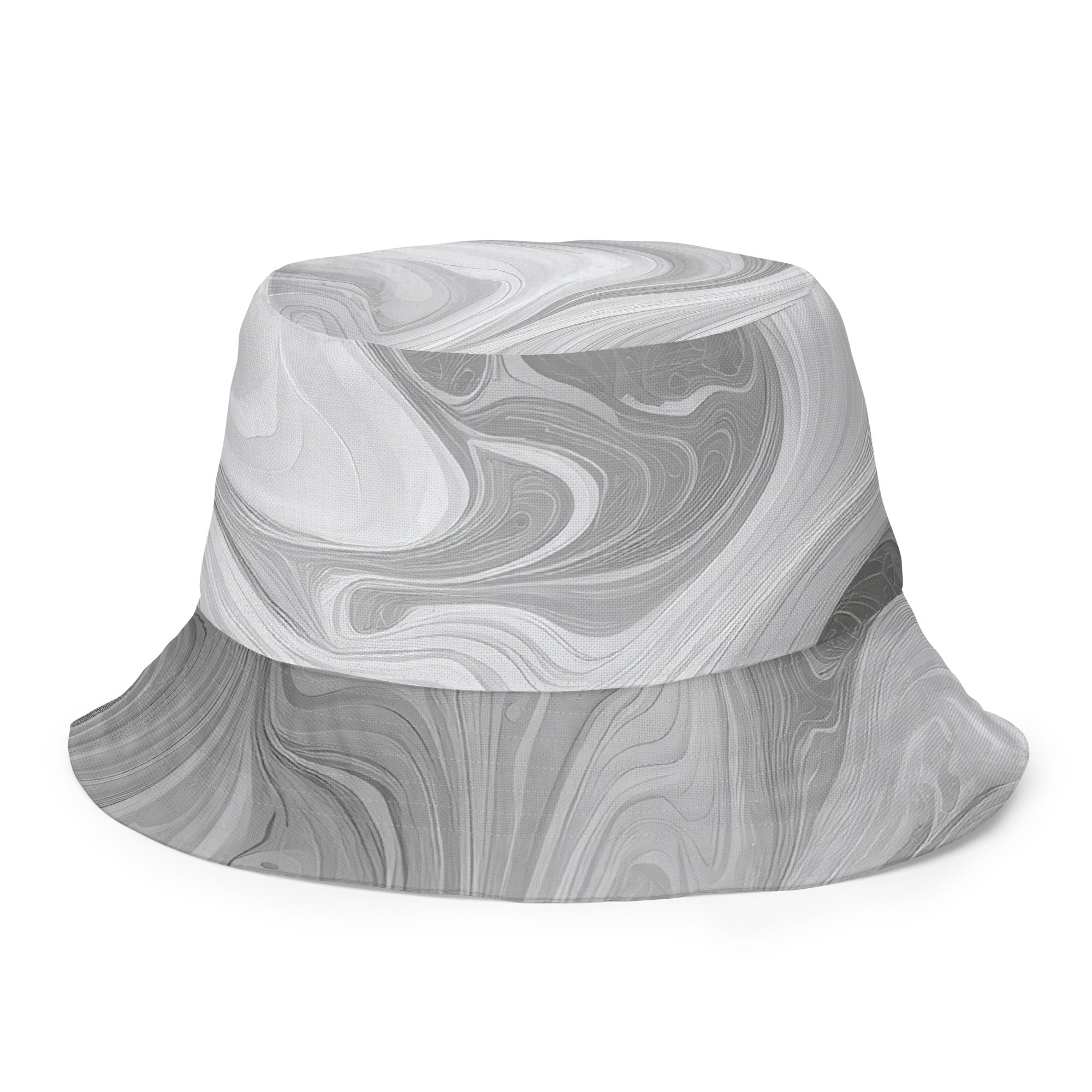 Reversible bucket hat featuring a stylish Boho marble pattern in white and grey, perfect for sun protection and fashion.