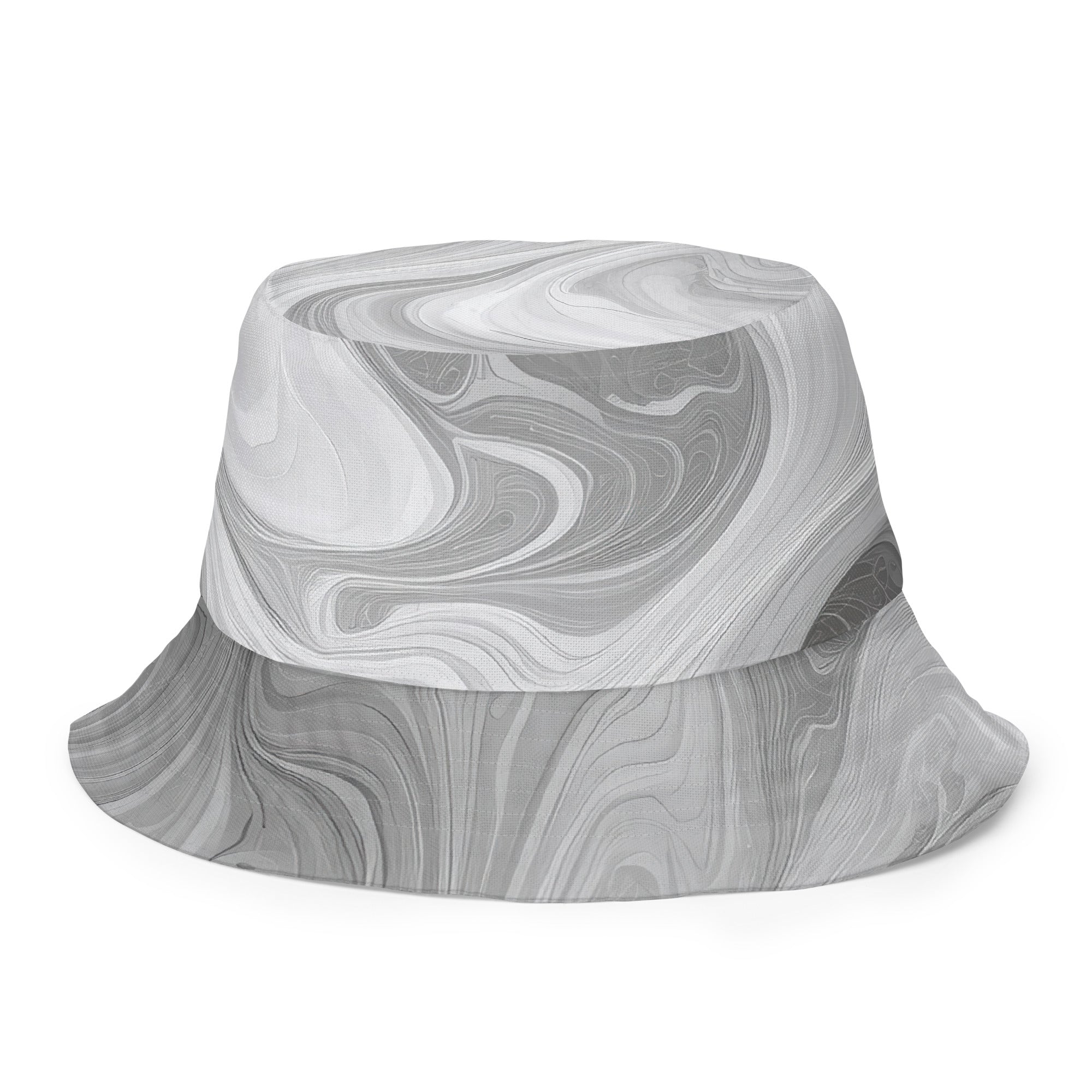 Reversible bucket hat featuring a stylish Boho marble pattern in white and grey, perfect for sun protection and fashion.