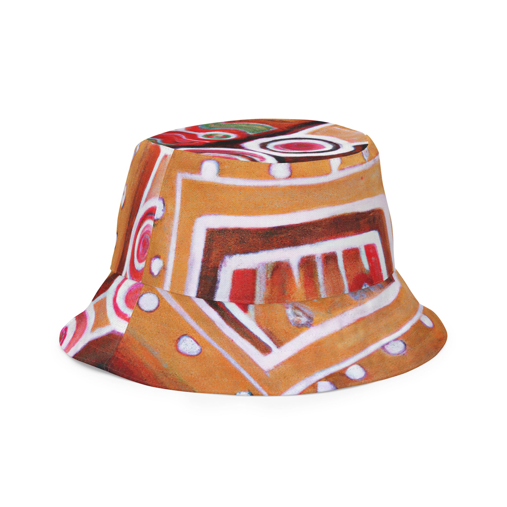 Reversible bucket hat featuring a vibrant brown, orange, and green Aztec pattern, showcasing its stylish design and premium fabric.