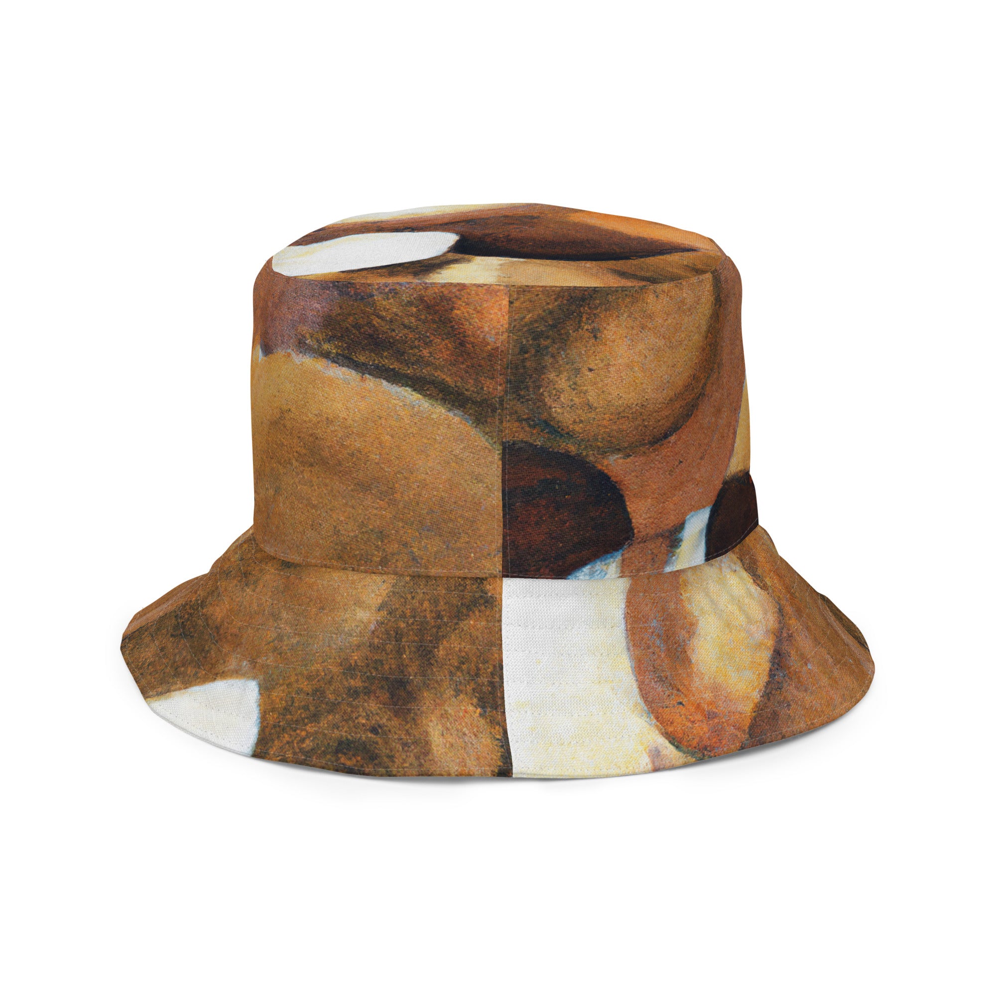 Reversible bucket hat featuring a brown and white stone pattern, showcasing its stylish design and breathable fabric.