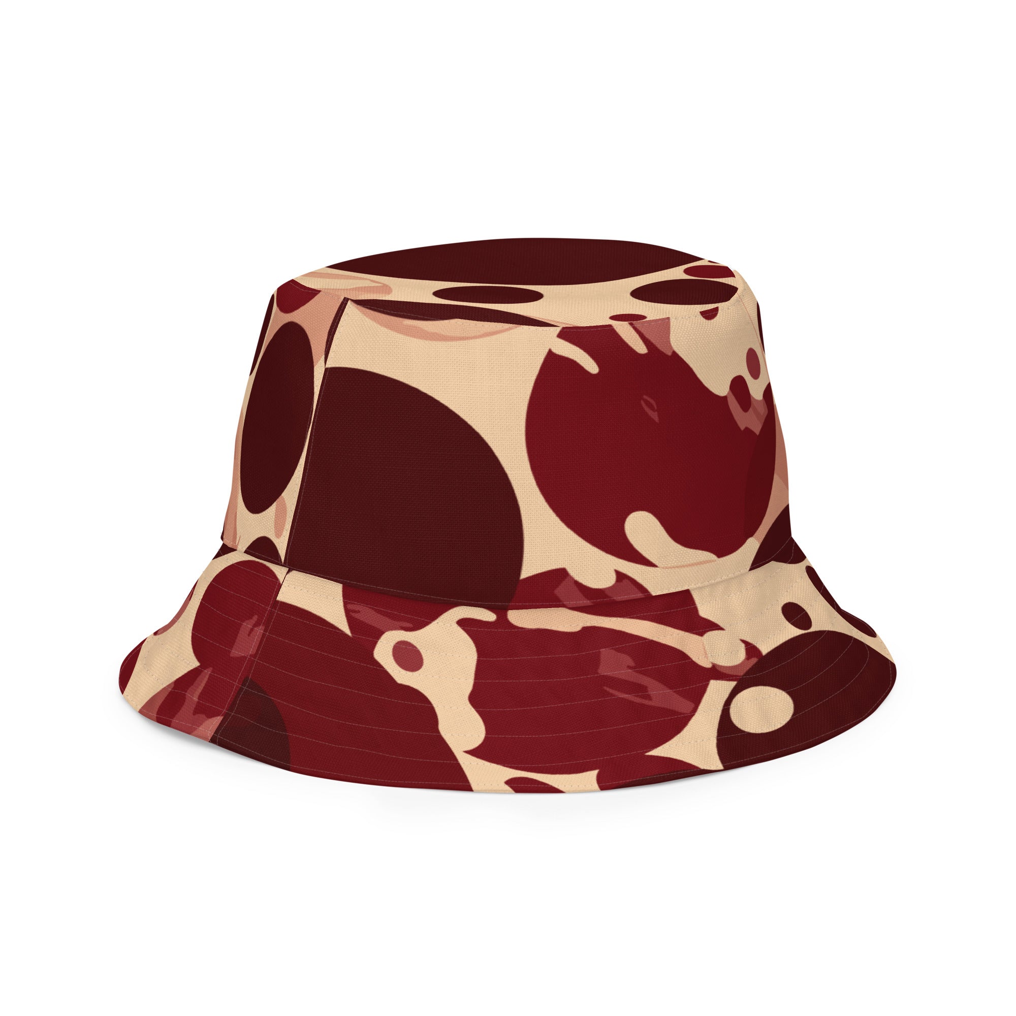 Reversible bucket hat featuring burgundy and beige circular print, showcasing its stylish design and premium fabric.