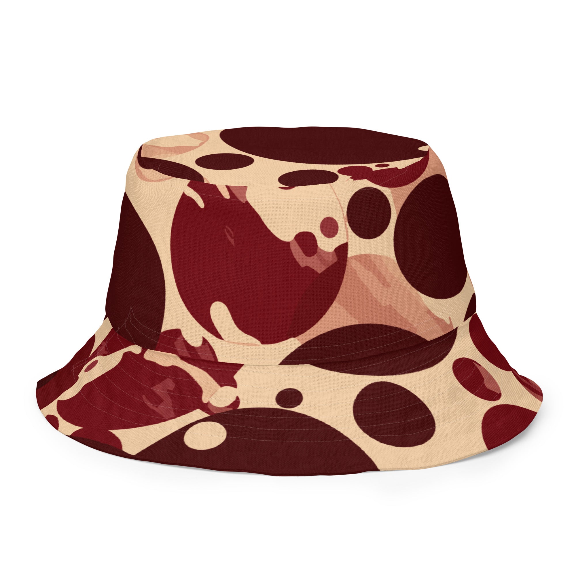 Reversible bucket hat featuring burgundy and beige circular print, showcasing its stylish design and premium fabric.