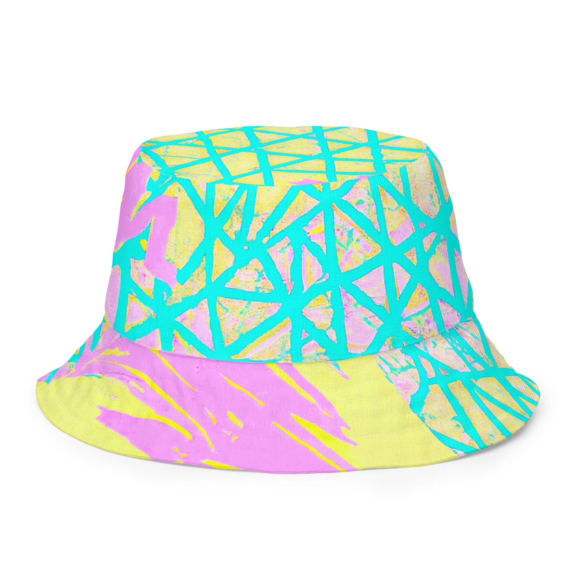 Reversible bucket hat featuring a vibrant cyan blue, lime green, and pink pattern, showcasing both sides of the design.