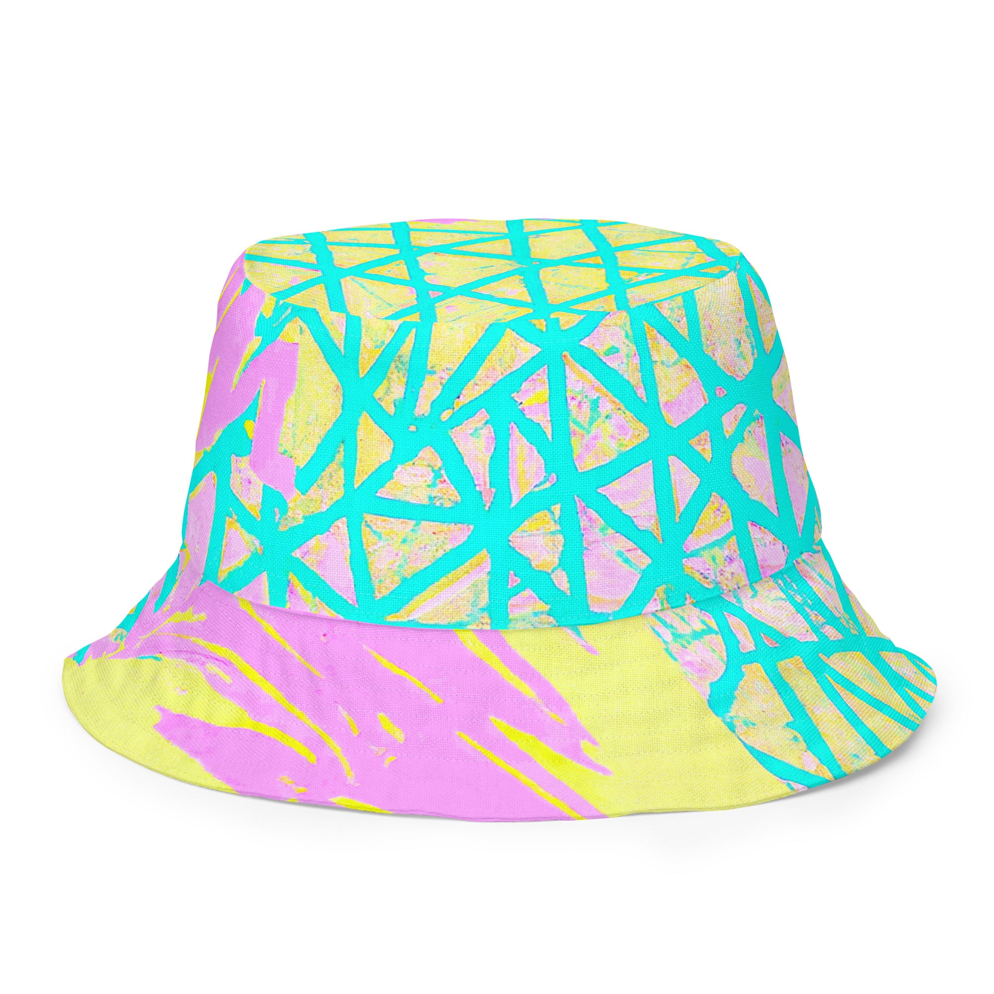 Reversible bucket hat featuring a vibrant cyan blue, lime green, and pink pattern, showcasing both sides of the design.