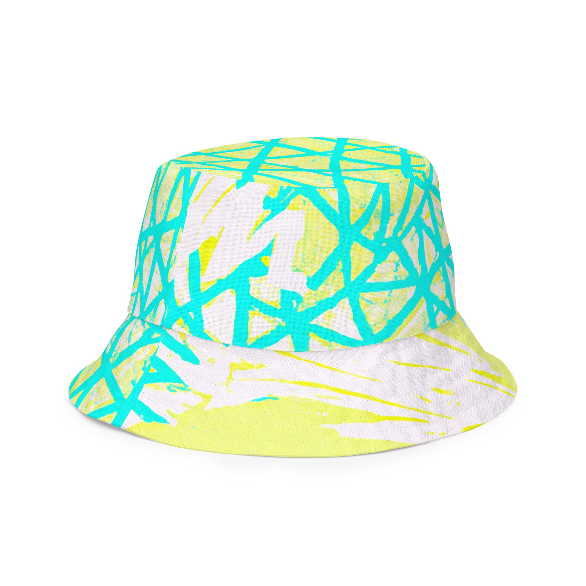 Reversible bucket hat featuring a cyan blue, lime green, and white pattern, showcasing its stylish design and breathable fabric.