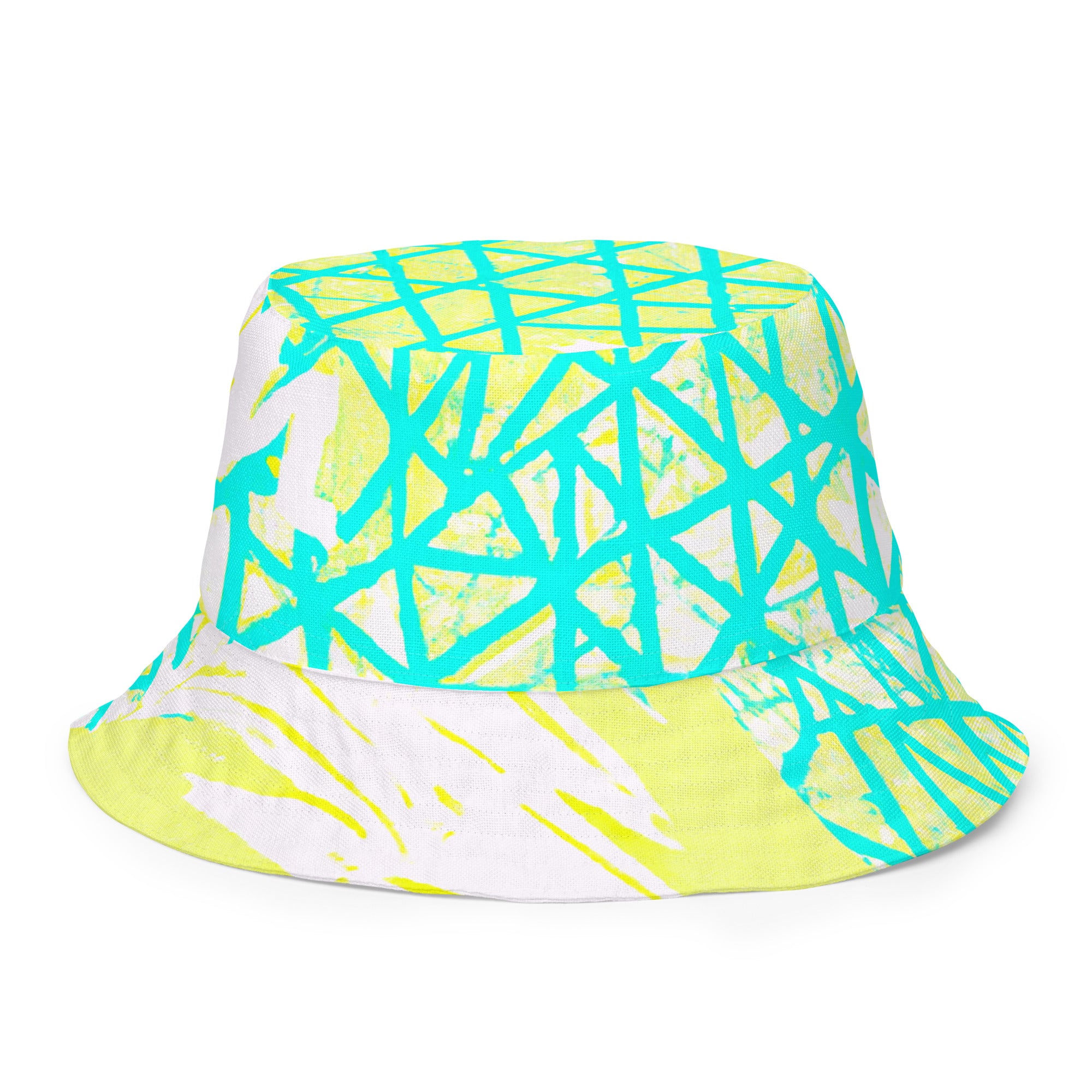 Reversible bucket hat featuring a cyan blue, lime green, and white pattern, showcasing its stylish design and breathable fabric.