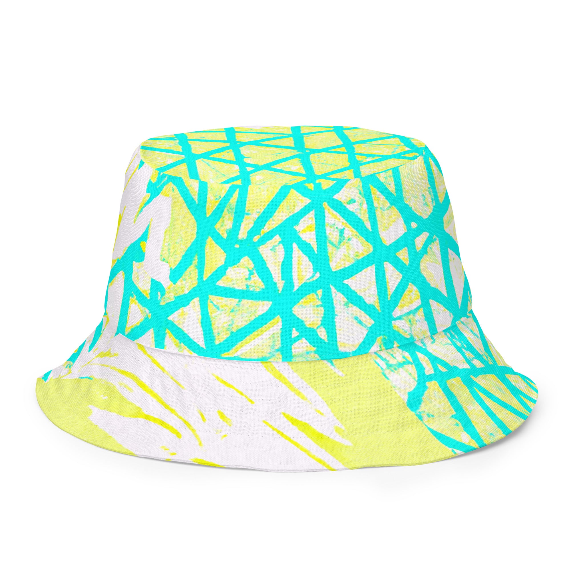 Reversible bucket hat featuring a cyan blue, lime green, and white pattern, showcasing its stylish design and breathable fabric.