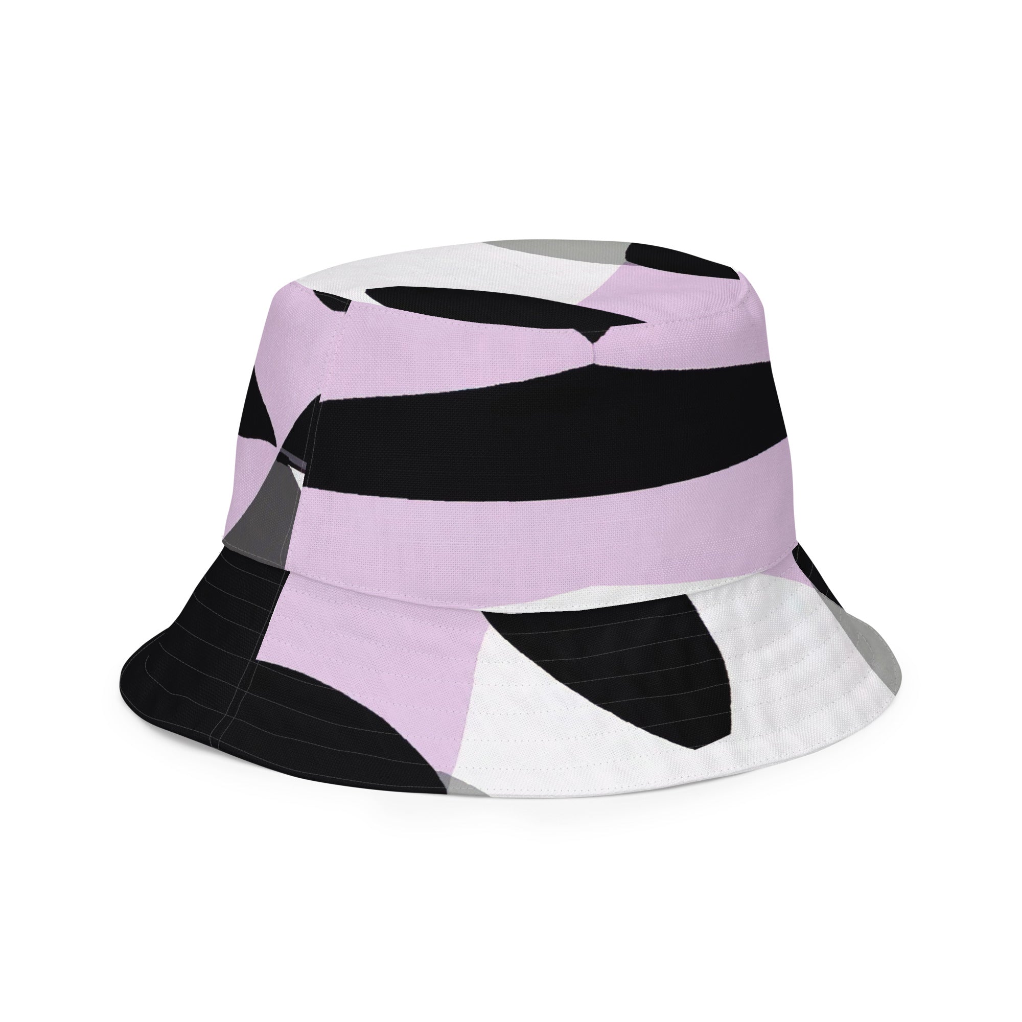 Reversible bucket hat featuring a geometric lavender and black pattern, showcasing both sides of the design.