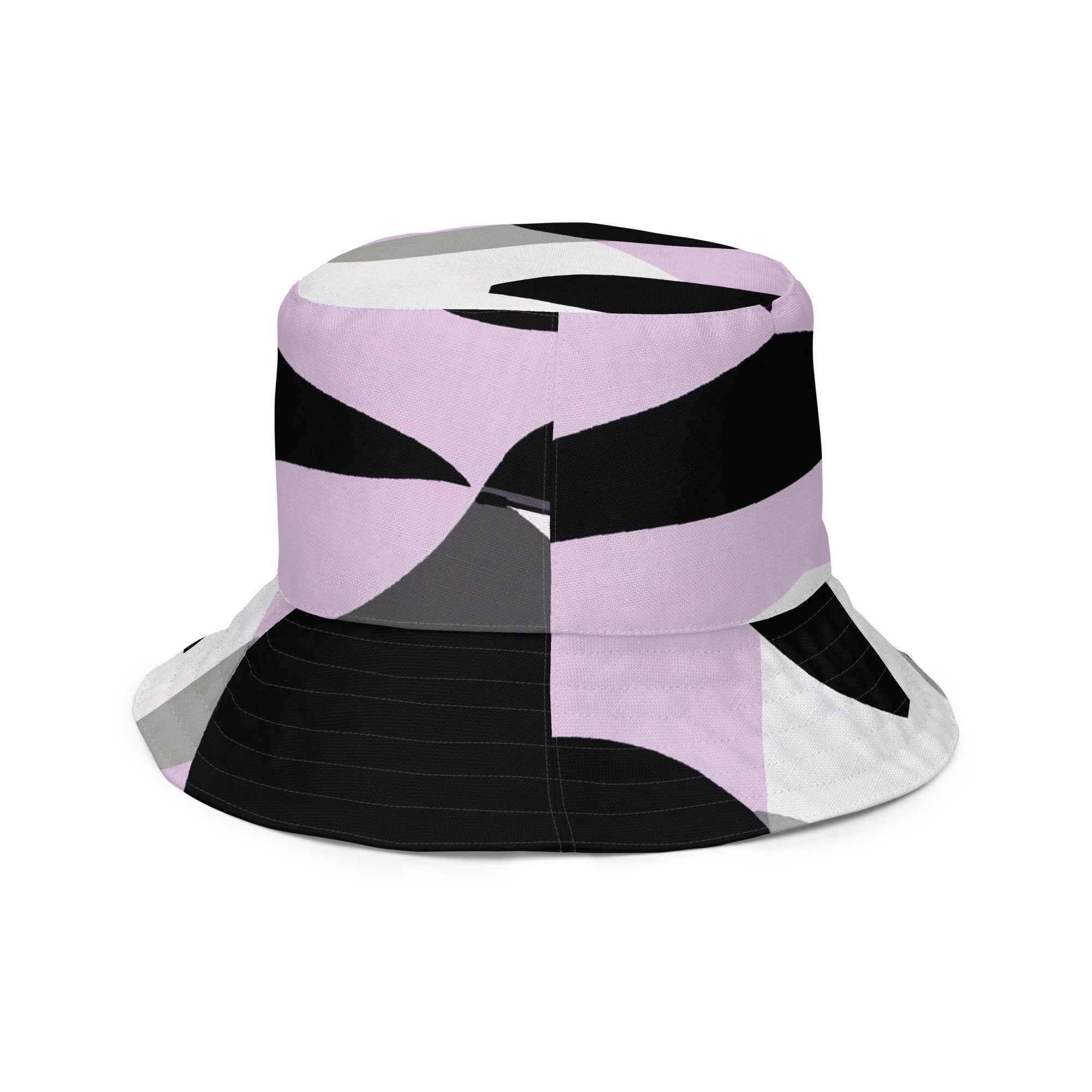 Reversible bucket hat featuring a geometric lavender and black pattern, showcasing both sides of the design.