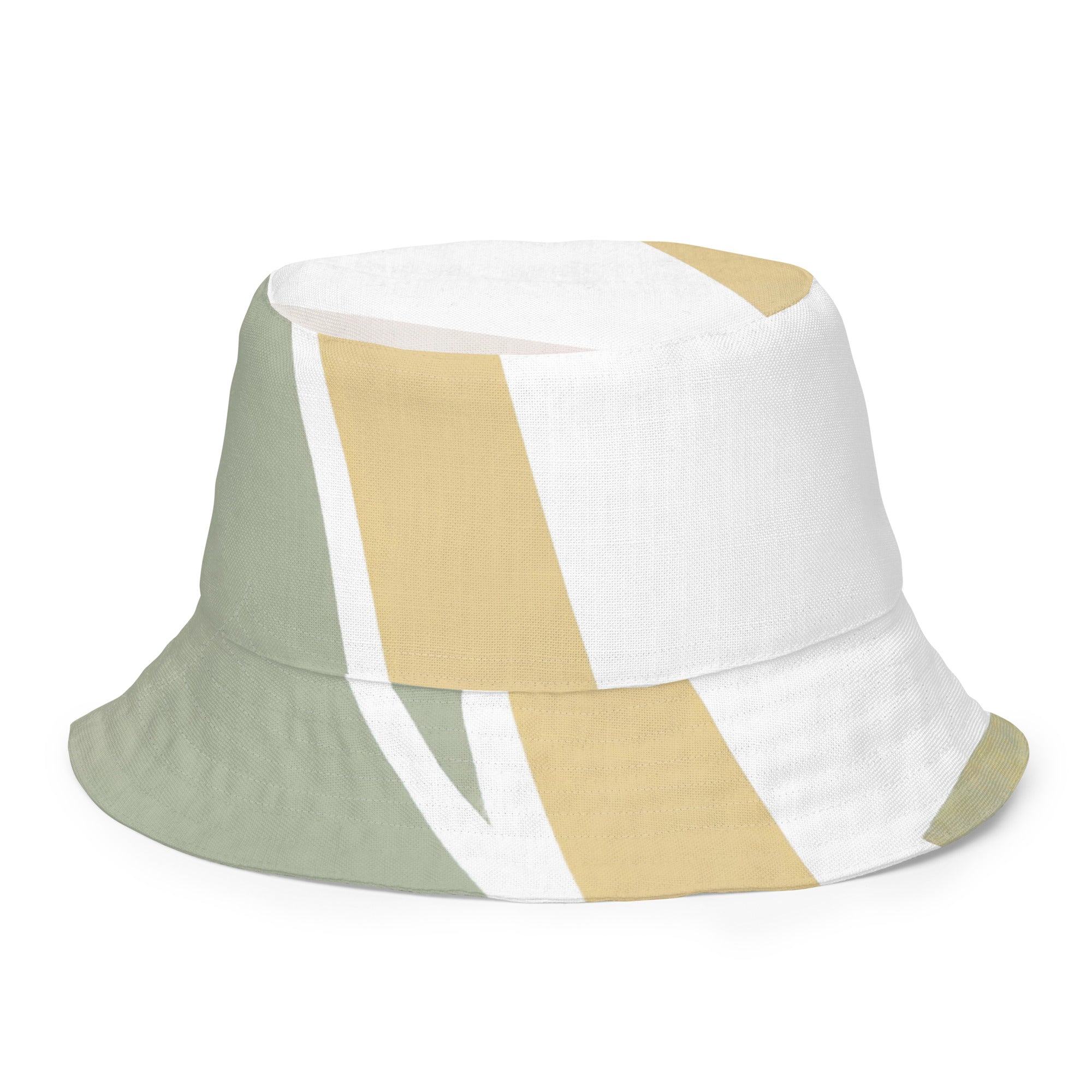 Reversible bucket hat featuring a mint green abstract geometric pattern, showcasing its stylish design and breathable fabric.