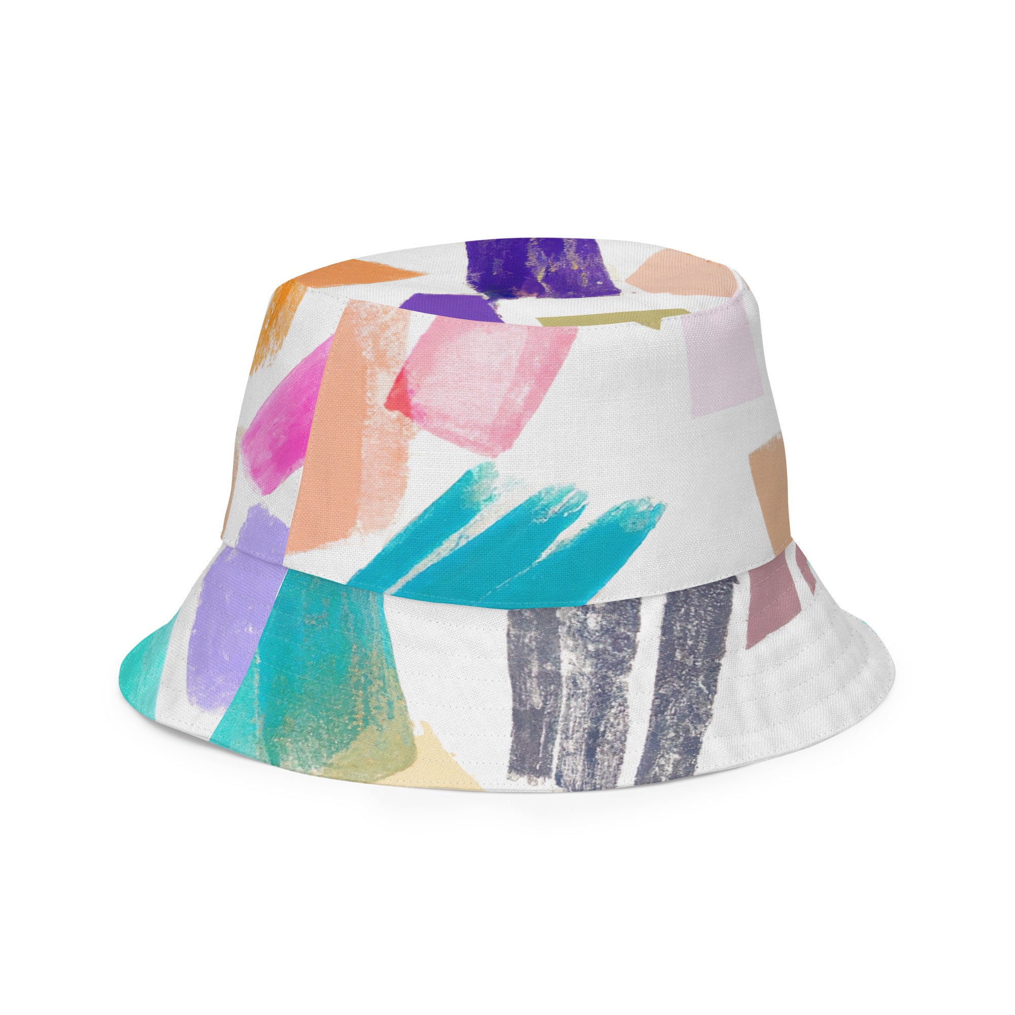Reversible bucket hat featuring a multicolor pastel geometric brush stroke pattern, showcasing its stylish design and premium fabric.