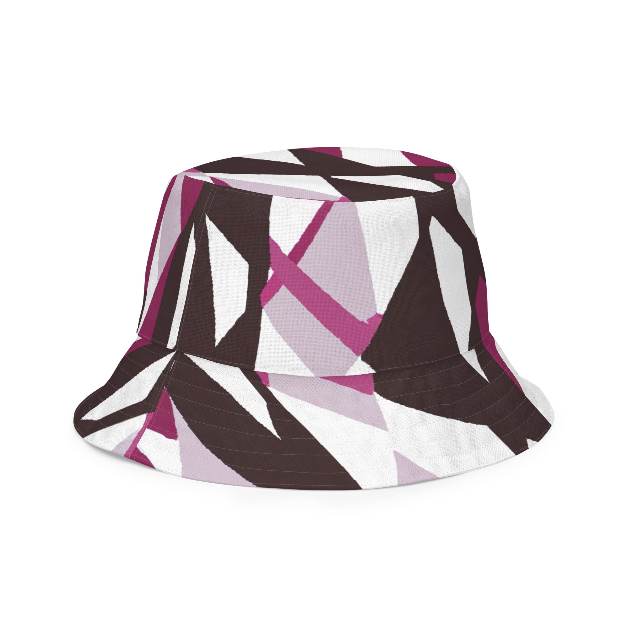 Reversible bucket hat featuring a pink mauve and maroon geometric pattern, showcasing its stylish design and premium fabric.