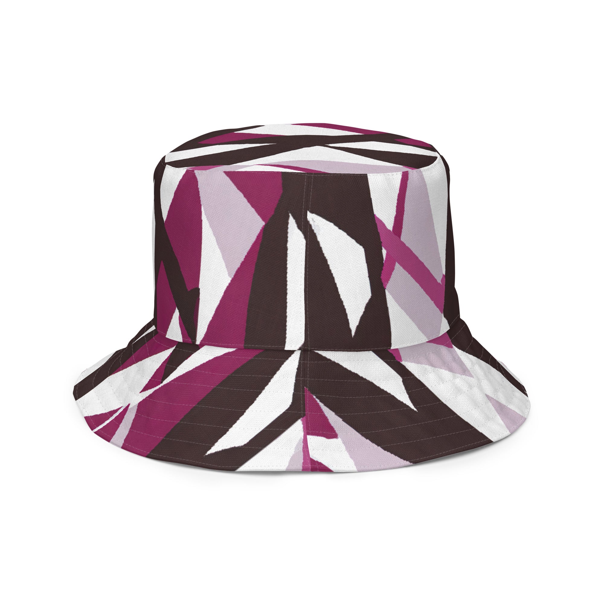 Reversible bucket hat featuring a pink mauve and maroon geometric pattern, showcasing its stylish design and premium fabric.