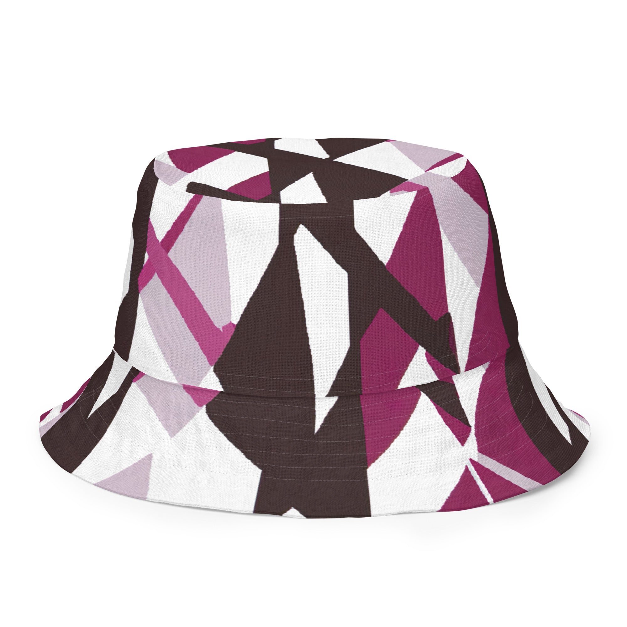 Reversible bucket hat featuring a pink mauve and maroon geometric pattern, showcasing its stylish design and premium fabric.