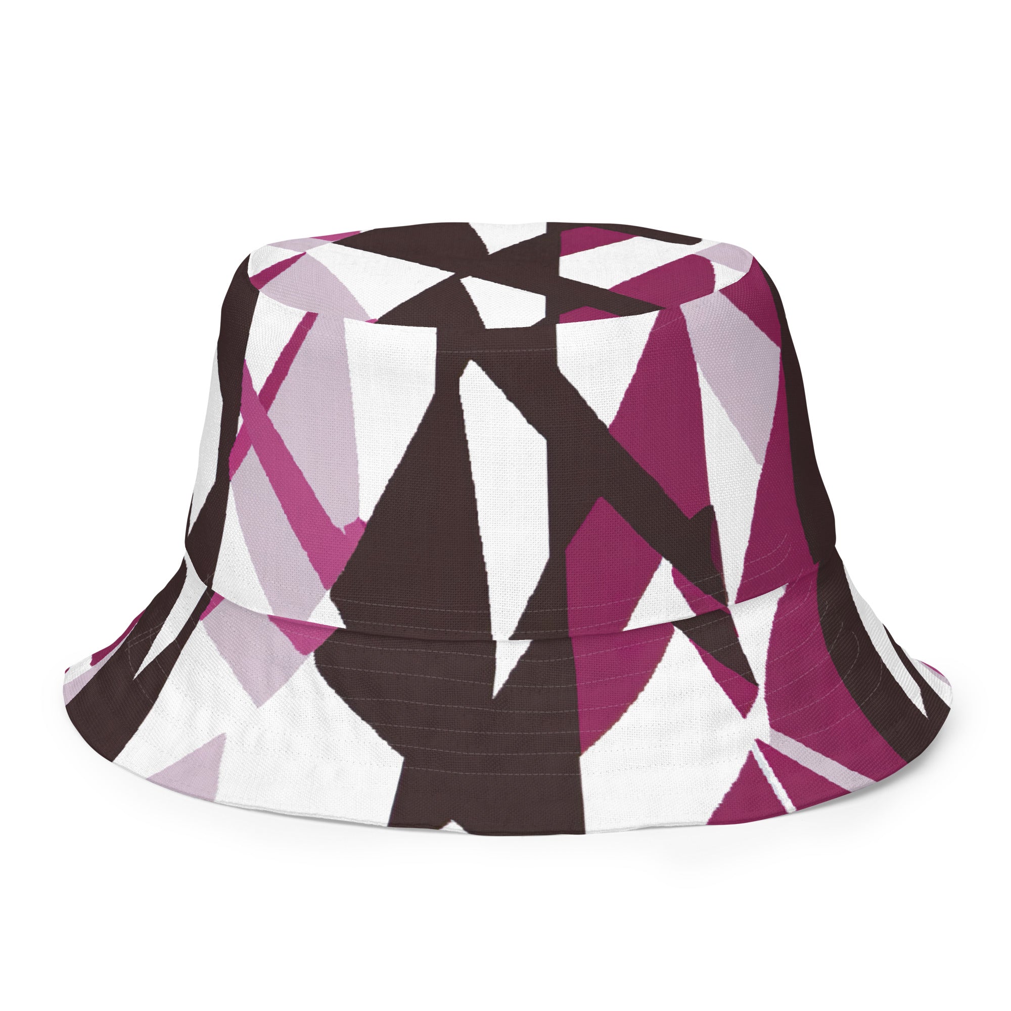 Reversible bucket hat featuring a pink mauve and maroon geometric pattern, showcasing its stylish design and premium fabric.